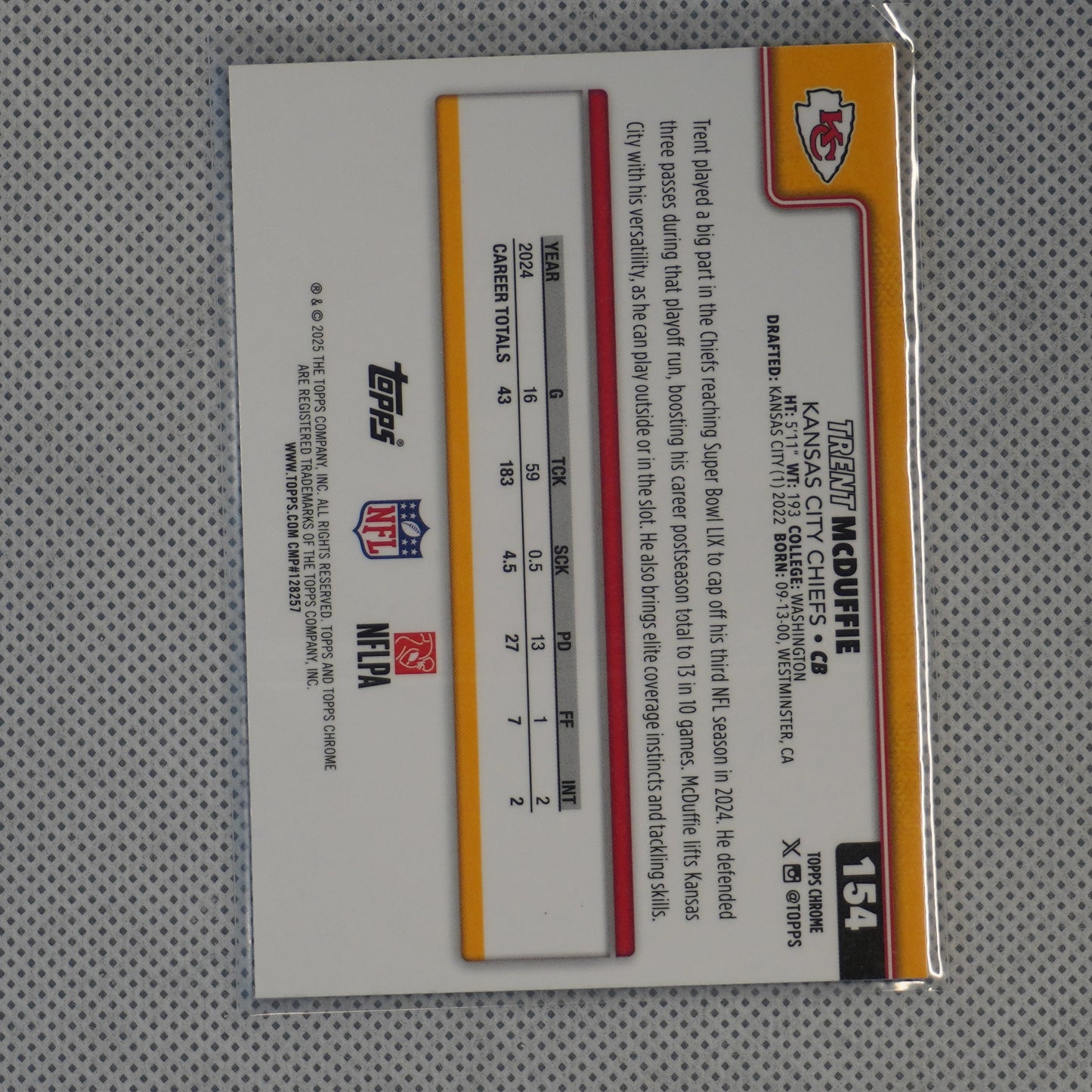 2025 Topps Chrome #154 Trent McDuffie Prism Refractor Kansas City Chiefs