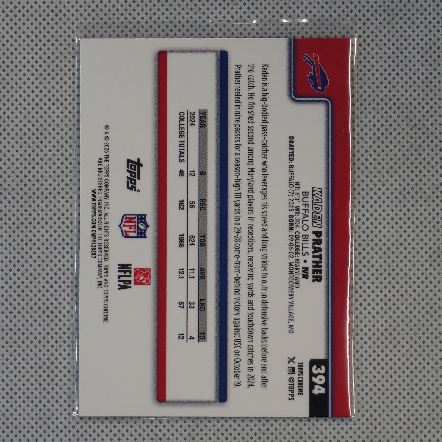 2025 Topps Chrome #394 Kaden Prather Buffalo Bills RC