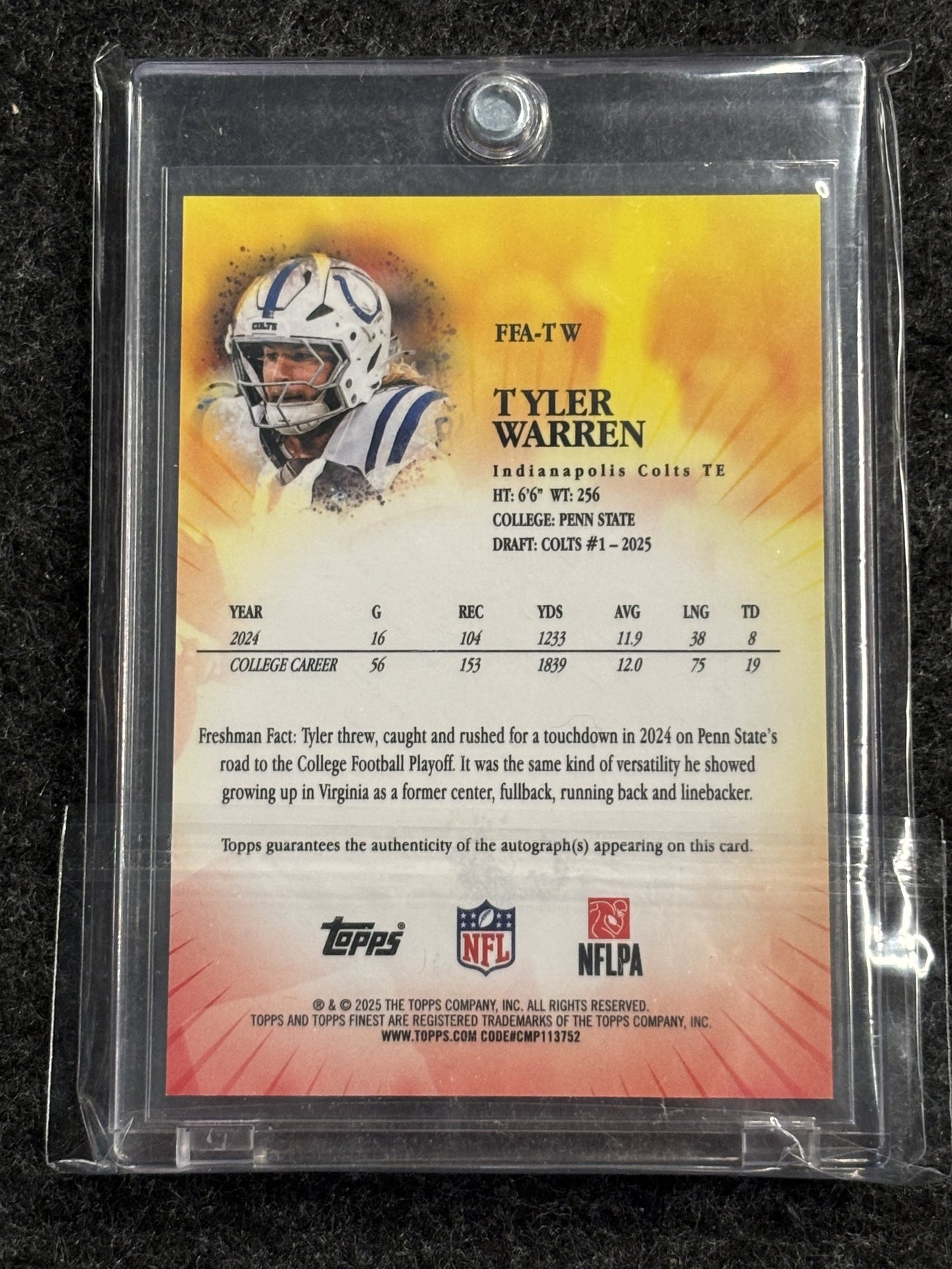 2025 Finest #FFA-TW Tyler Warren Finest Freshman Autographs Red Refractor #/5 Indianapolis Colts SN,AU