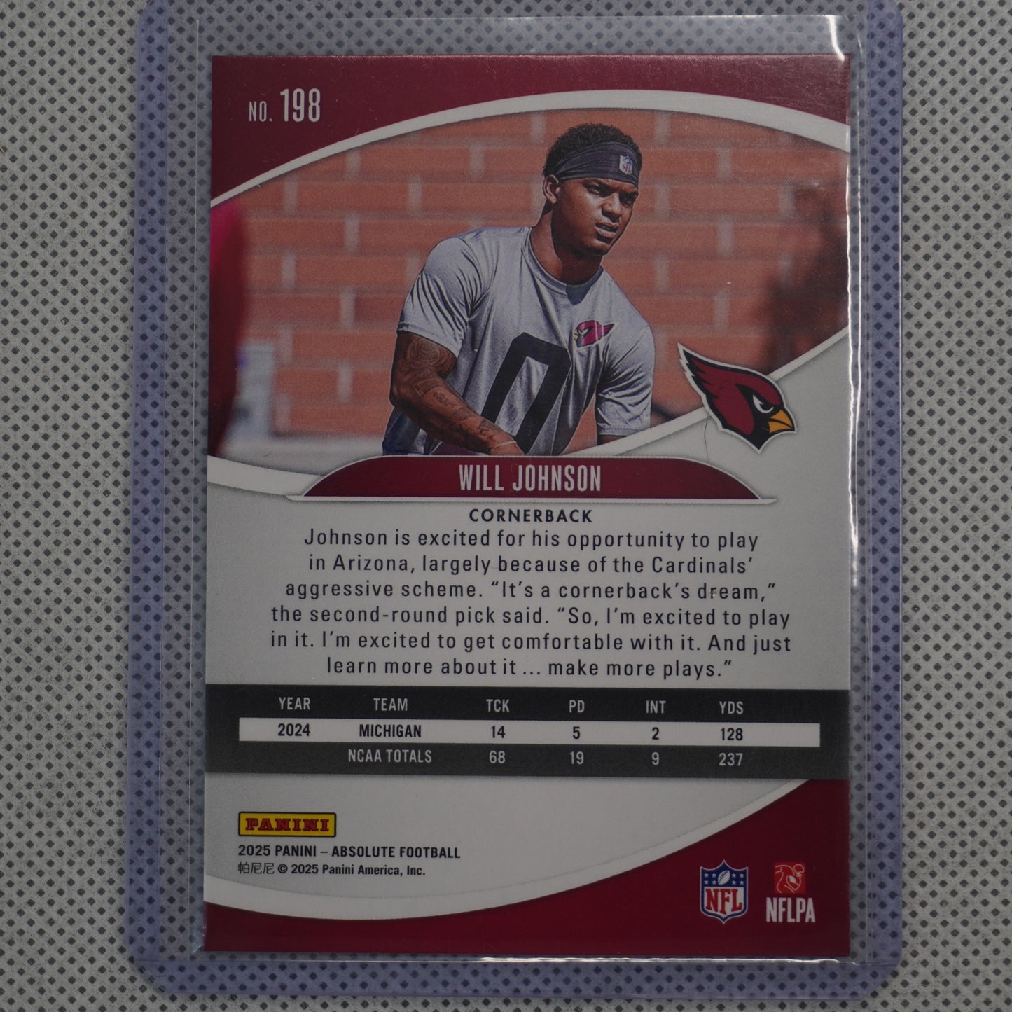 2025 Panini Absolute #198 Will Johnson Retail Arizona Cardinals RC