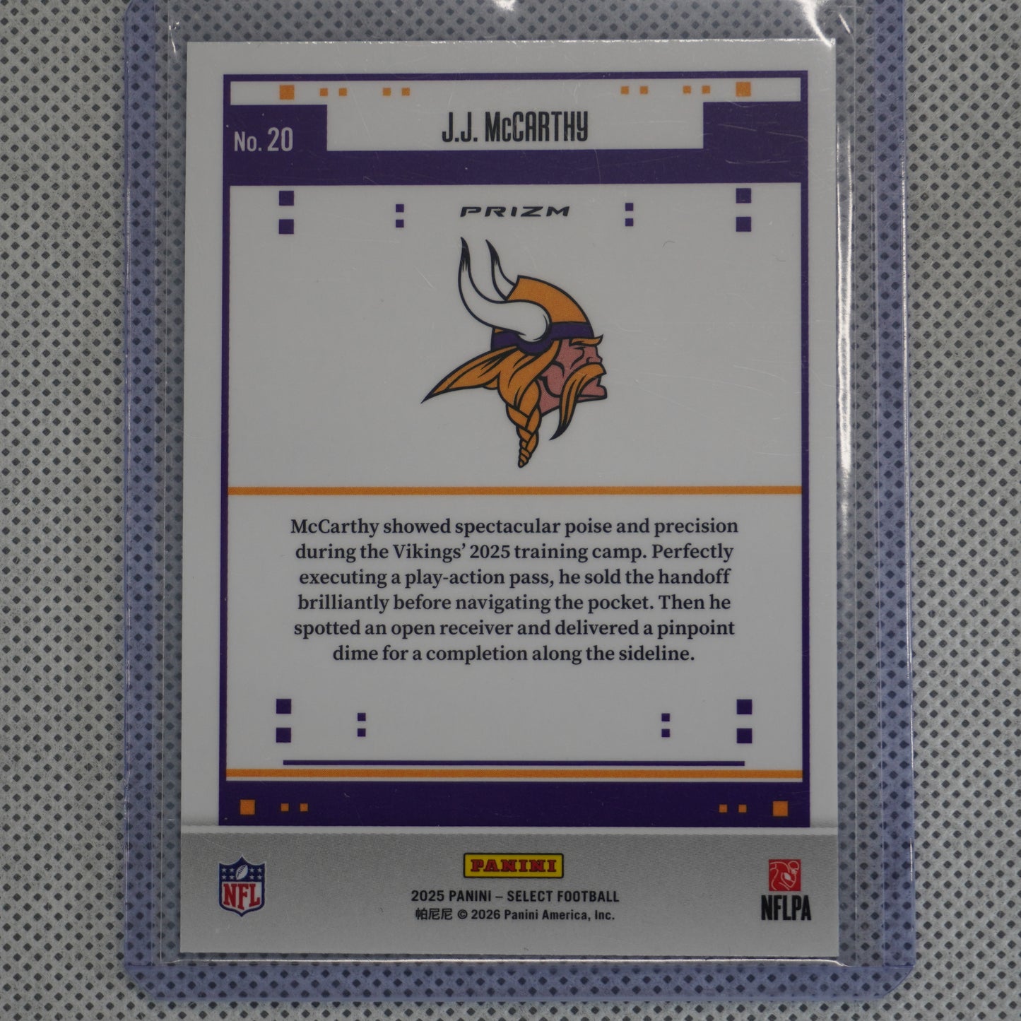 2025 Panini Select #20 J.J. McCarthy Score Select Throwback Minnesota Vikings