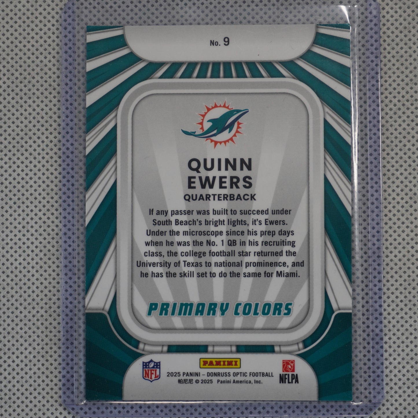 2025 Donruss Optic #9 Quinn Ewers Rookie Primary Colors Miami Dolphins