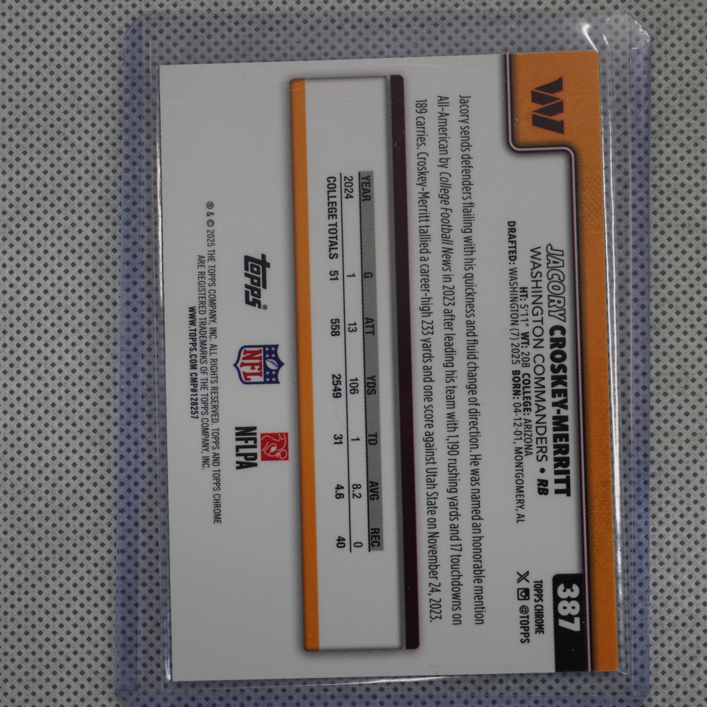 2025 Topps Chrome #387 Jacory Croskey-Merritt X-Fractor Washington Commanders RC