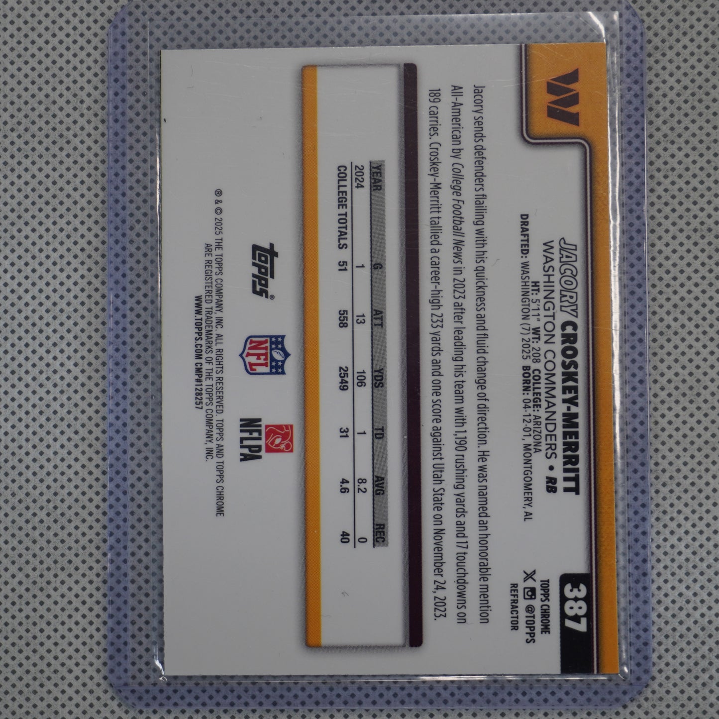 2025 Topps Chrome #387 Jacory Croskey-Merritt Refractor Washington Commanders RC