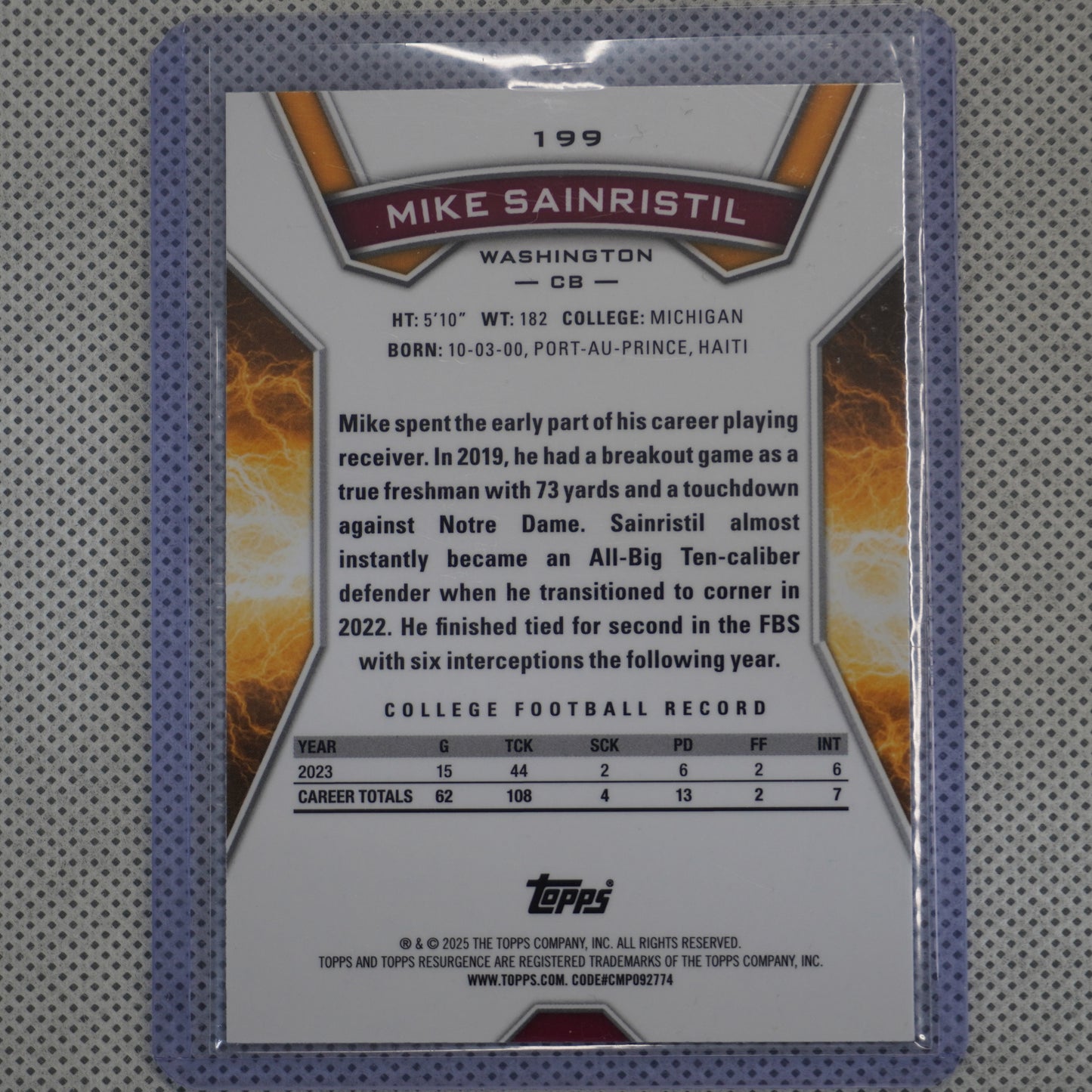 2024 Topps Resurgence #199 Mike Sainristil Blue & Orange Spark Washington Commanders RC
