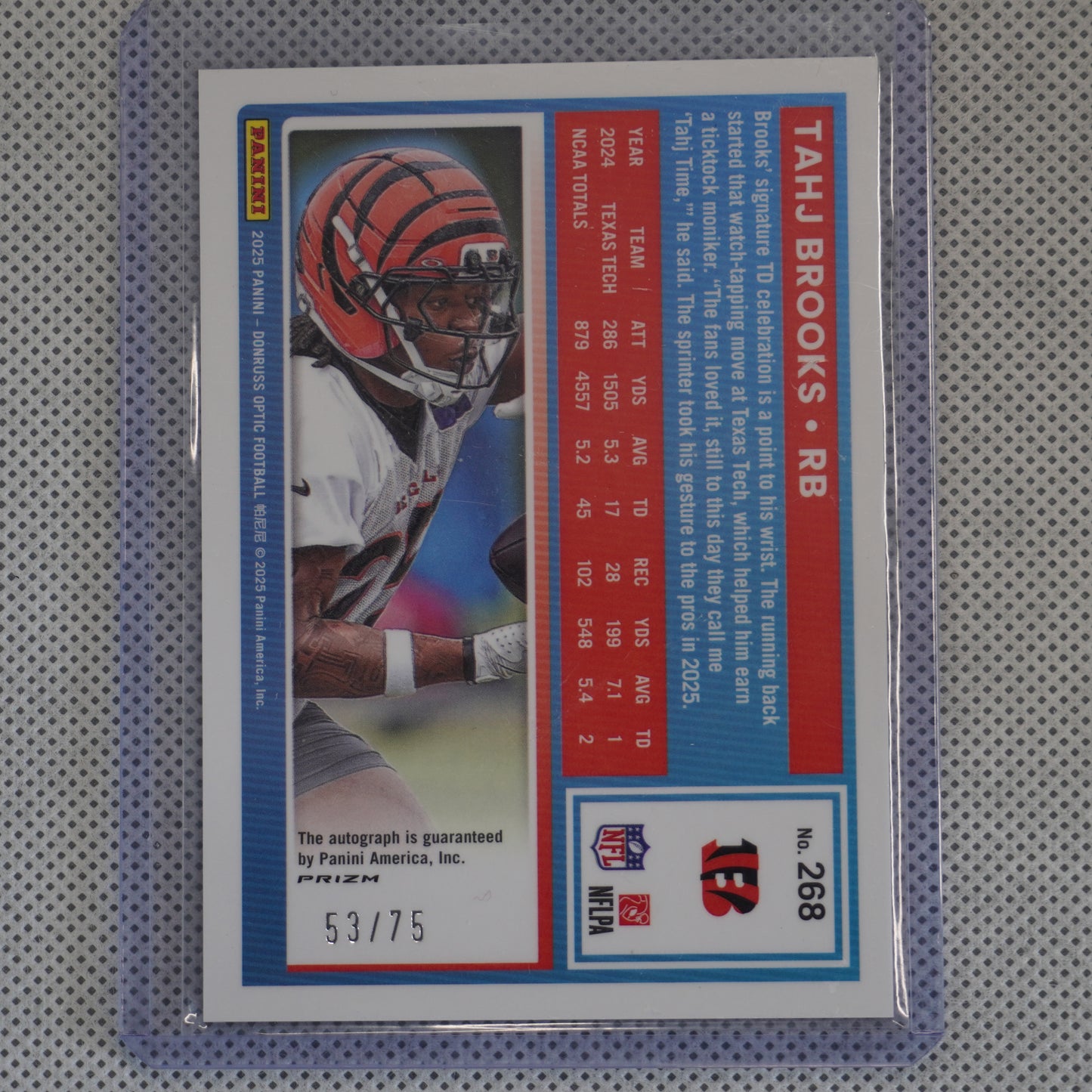 2025 Donruss Optic #268 Tahj Brooks Rated Rookies Autographs Pink Velocity #/75 Cincinnati Bengals SN,RC,AU