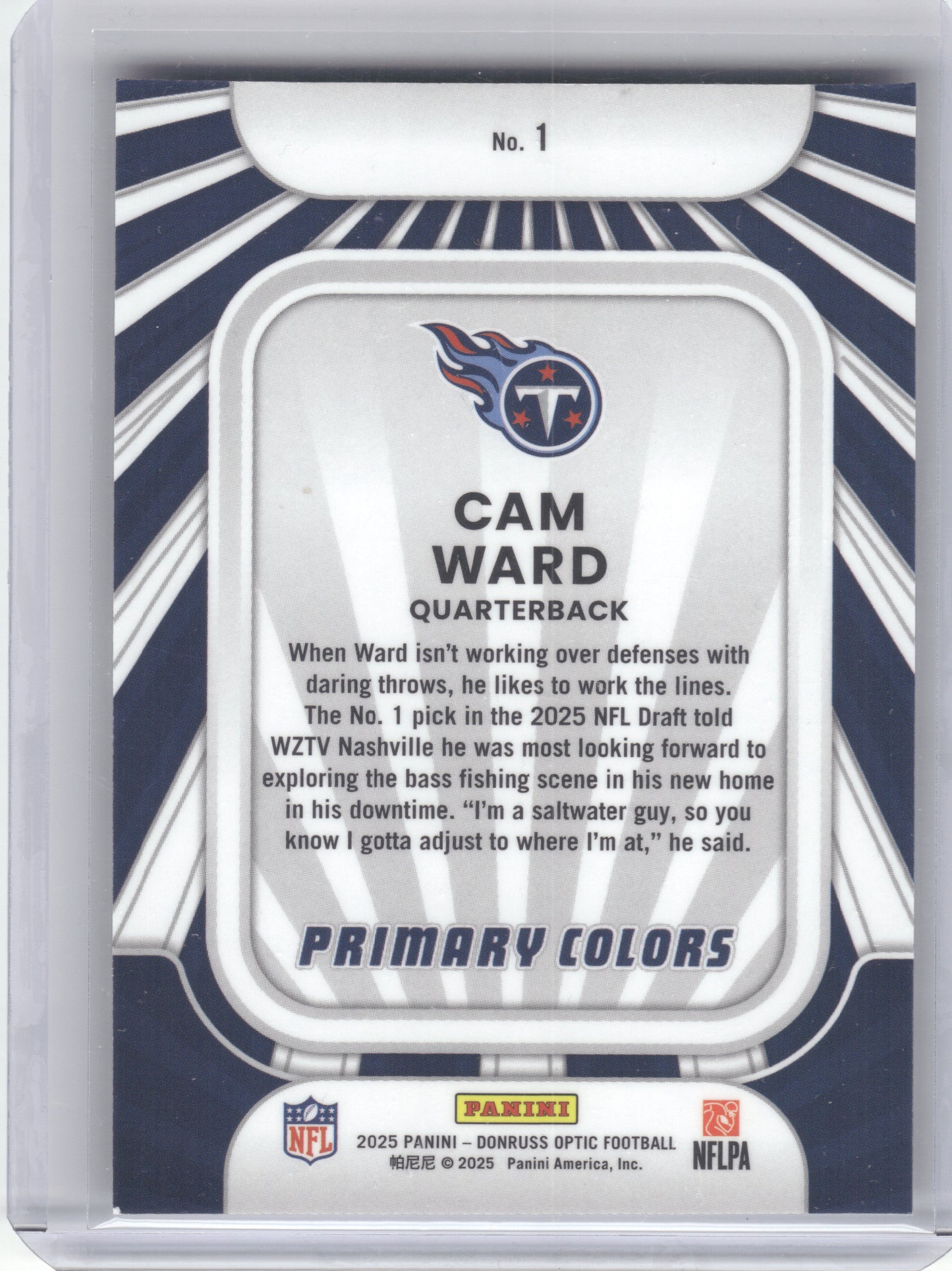 2025 Donruss Optic #1 Cam Ward Rookie Primary Colors Tennessee Titans