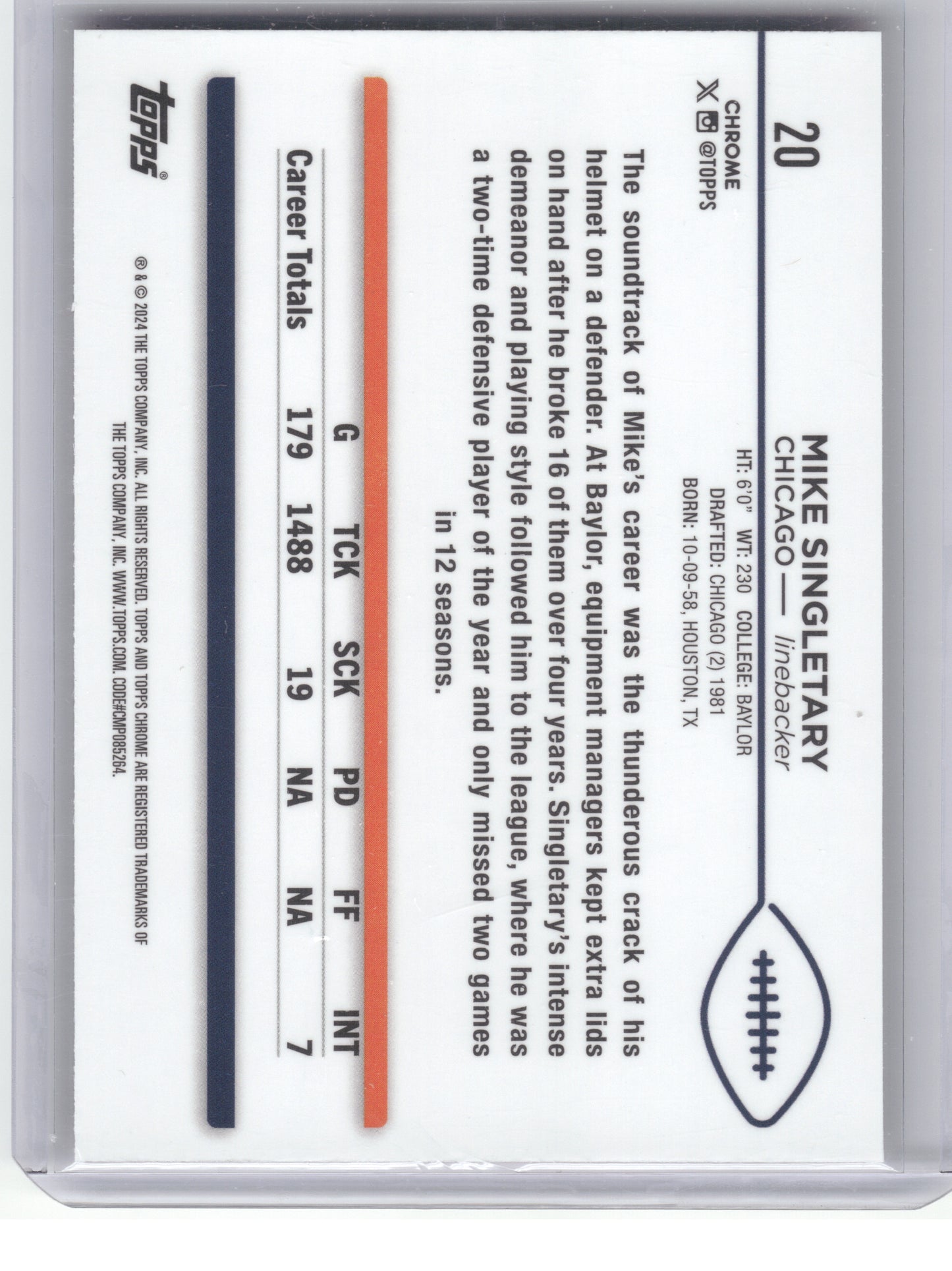 2024 Topps Chrome #20 Mike Singletary Magenta Speckle Refractor #/399 Chicago Bears SN