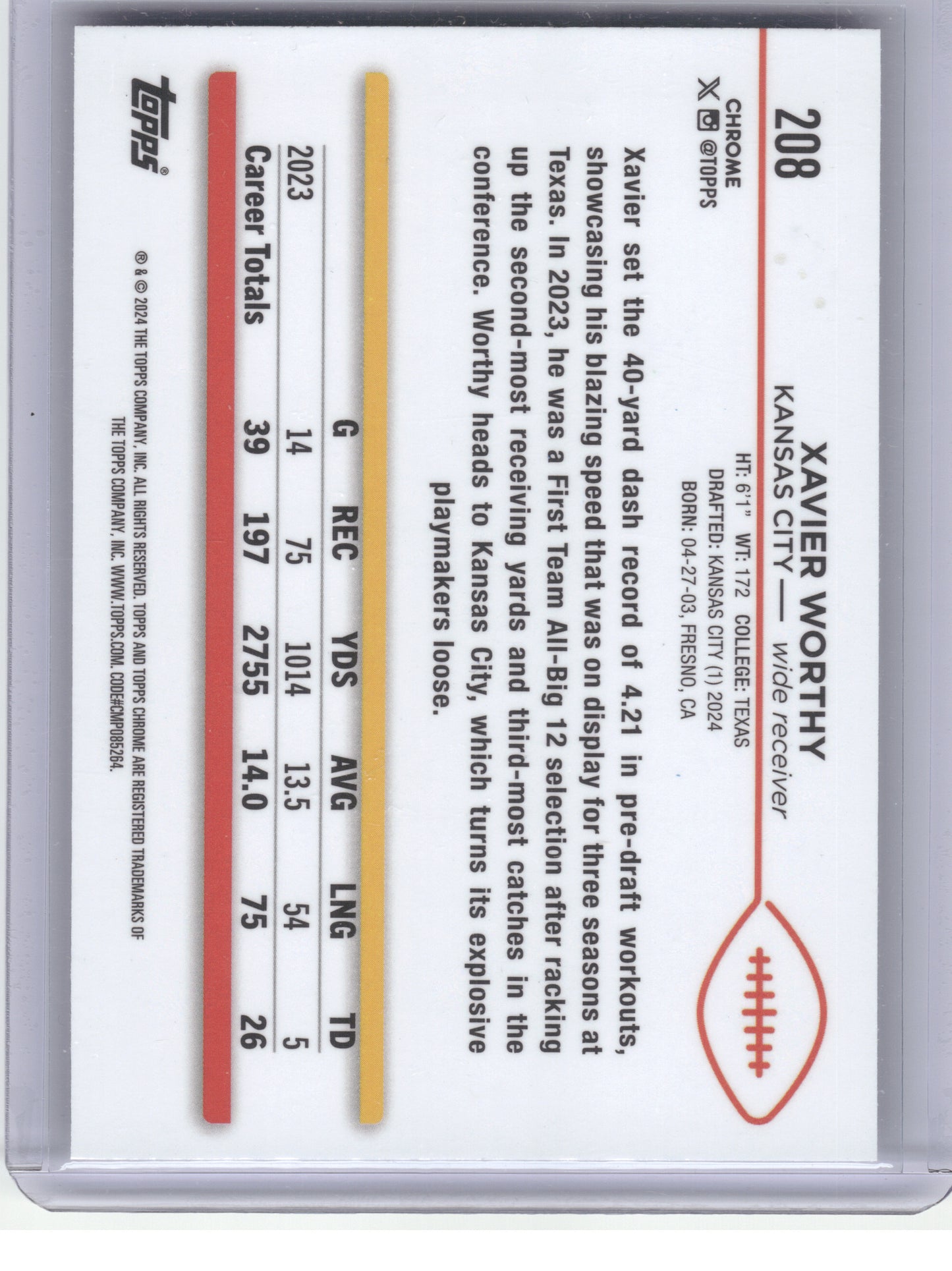 2024 Topps Chrome #208 Xavier Worthy Kansas City Chiefs RC