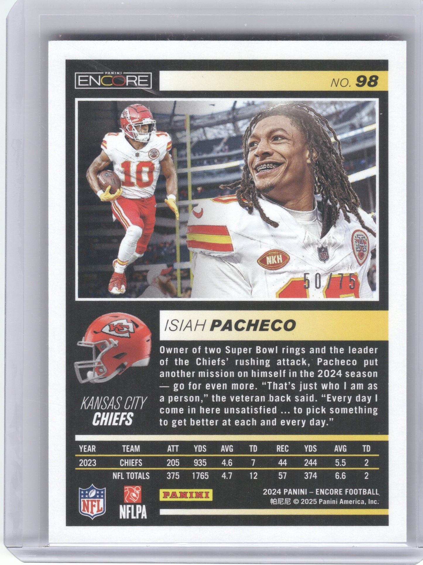 2024 Panini Encore #98 Isiah Pacheco Purple #/75 Kansas City Chiefs SN