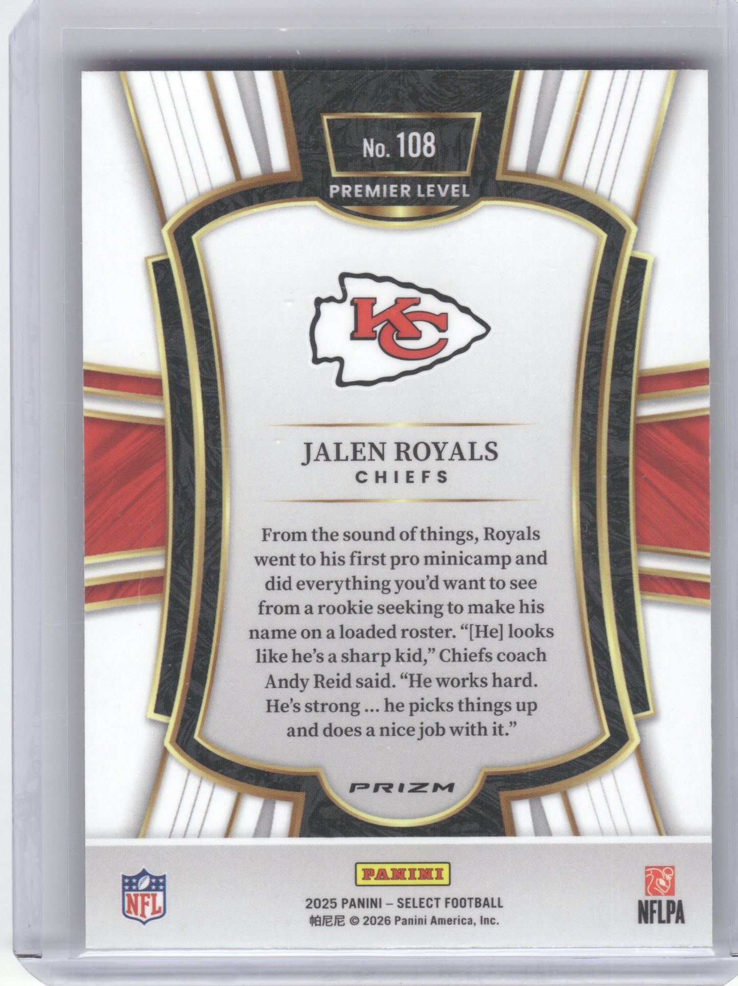 2025 Panini Select #108 Jalen Royals Pink Prizm Shock Kansas City Chiefs RC