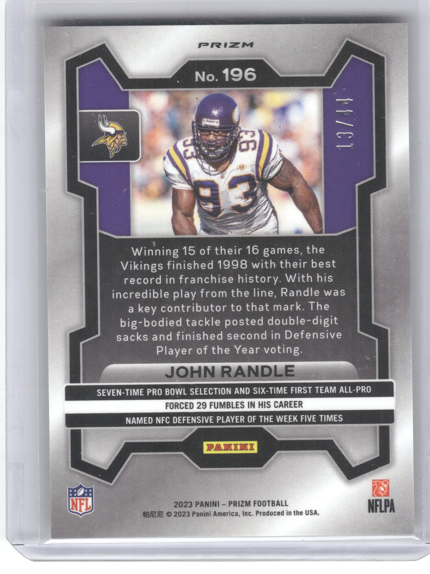 2023 Panini Prizm #196 John Randle Red and Yellow #/44 Minnesota Vikings SN
