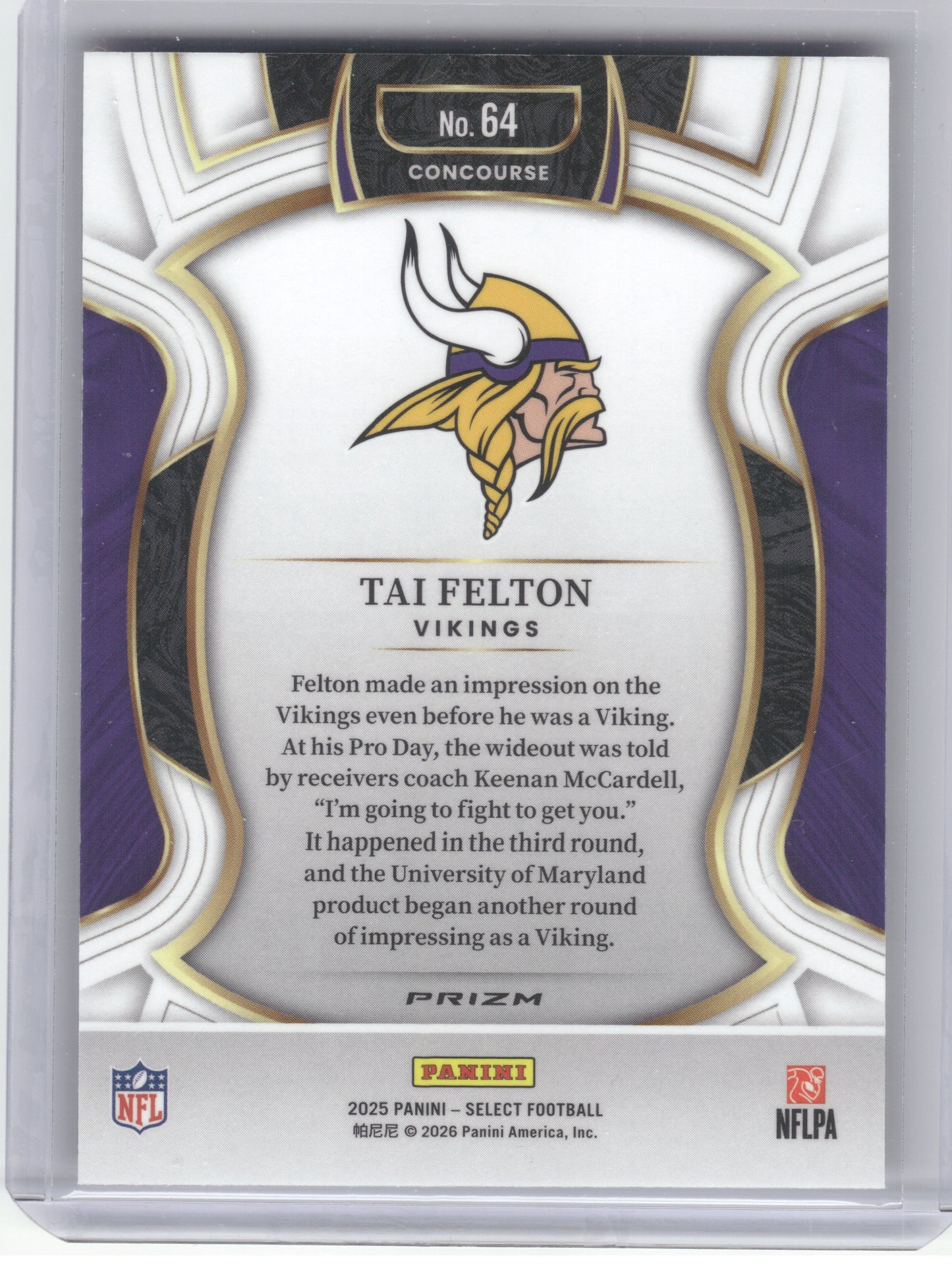 2025 Panini Select #64 Tai Felton Pink Prizm Shock Minnesota Vikings RC