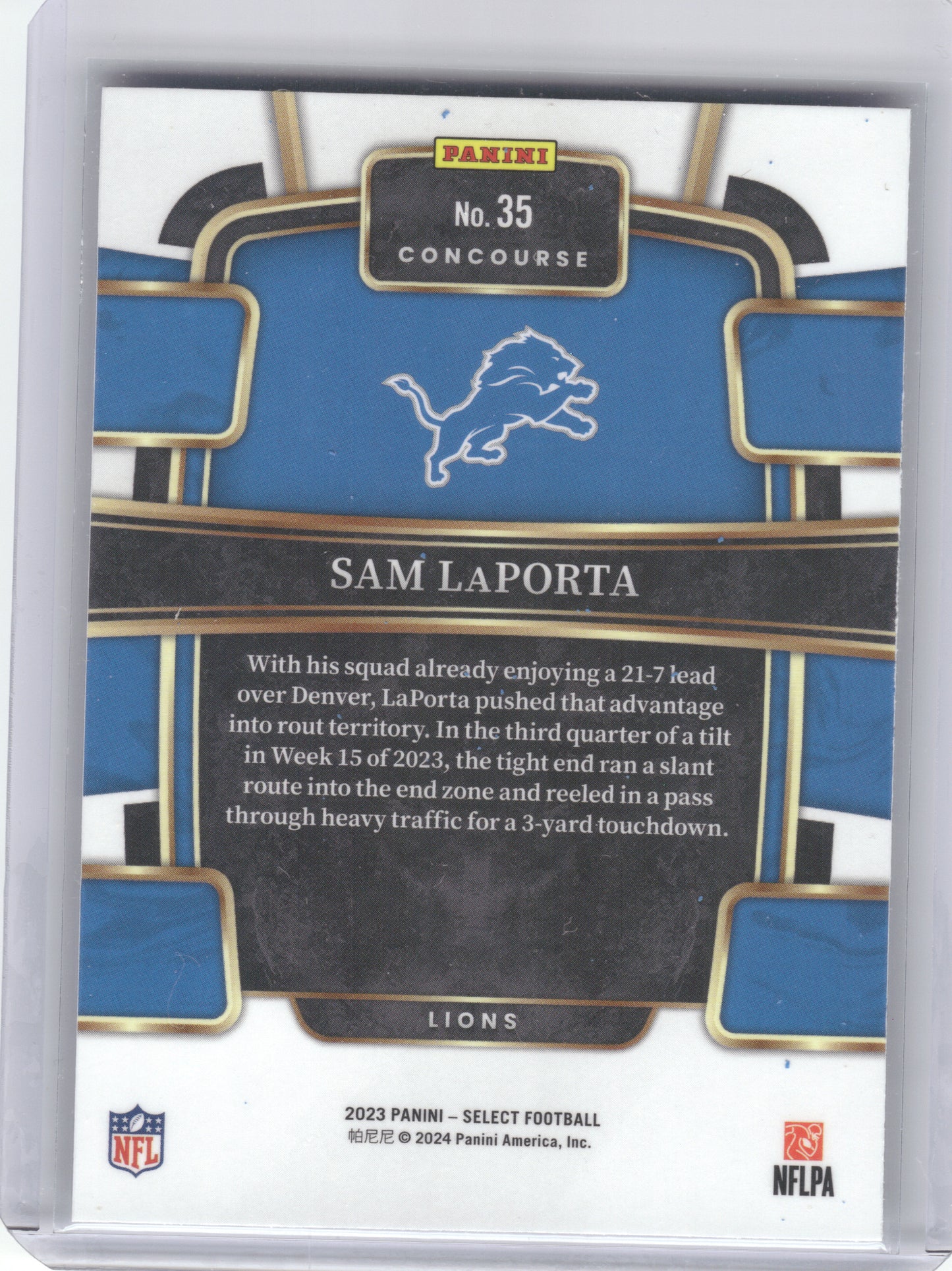 2023 Panini Select #35 Sam LaPorta Detroit Lions RC