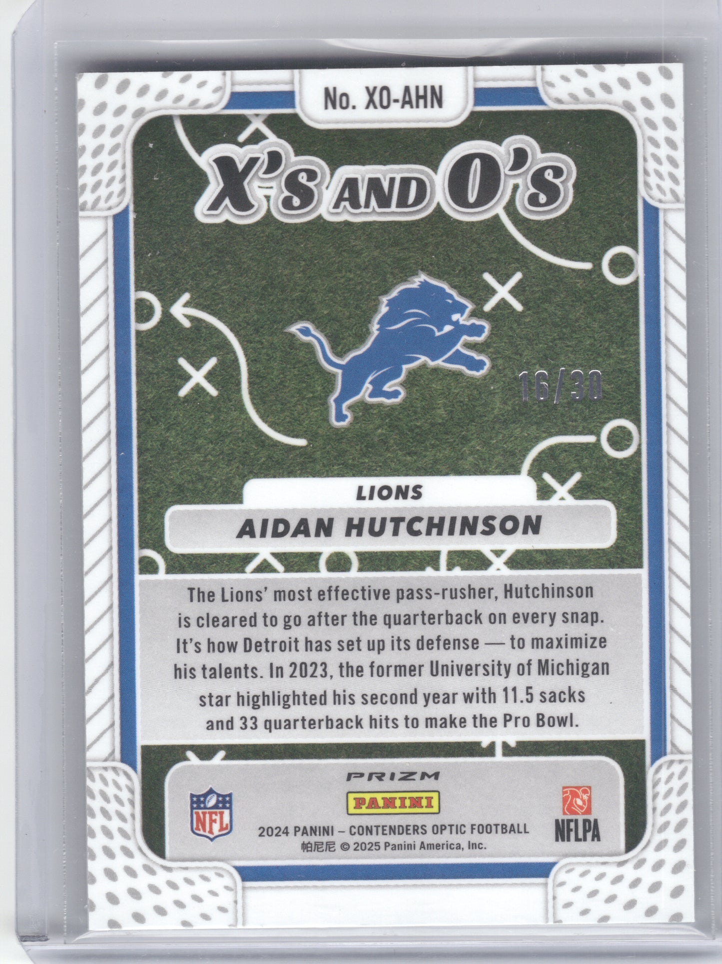 2024 Panini Contenders Optic #XO-AHN Aidan Hutchinson Xs and Os Green Pulsar #/30 Detroit Lions SN
