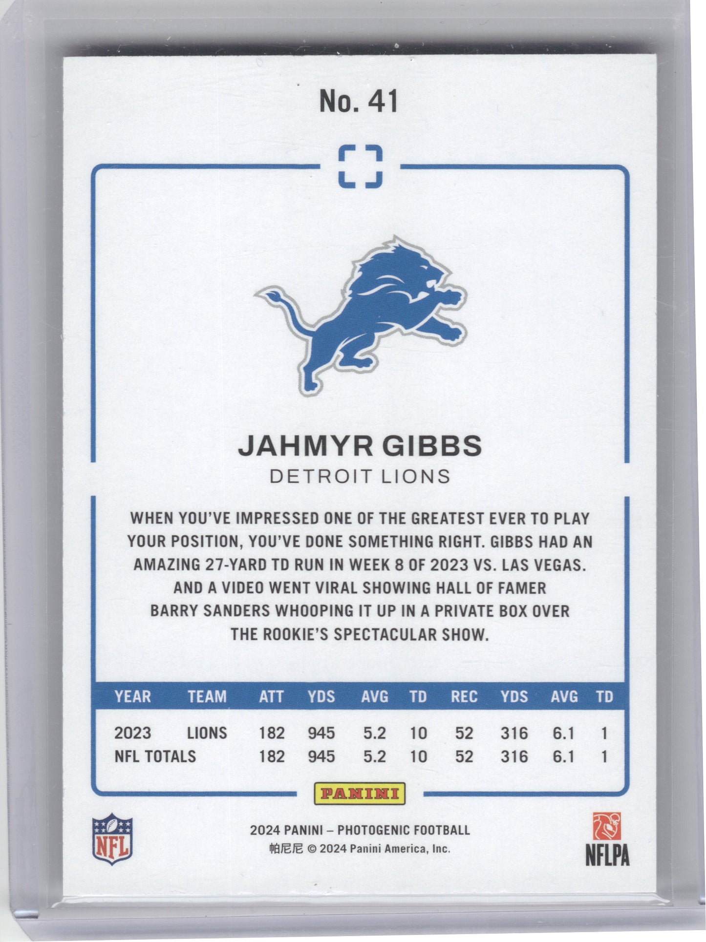 2024 Panini Photogenic #41 Jahmyr Gibbs Red #/49 Detroit Lions SN