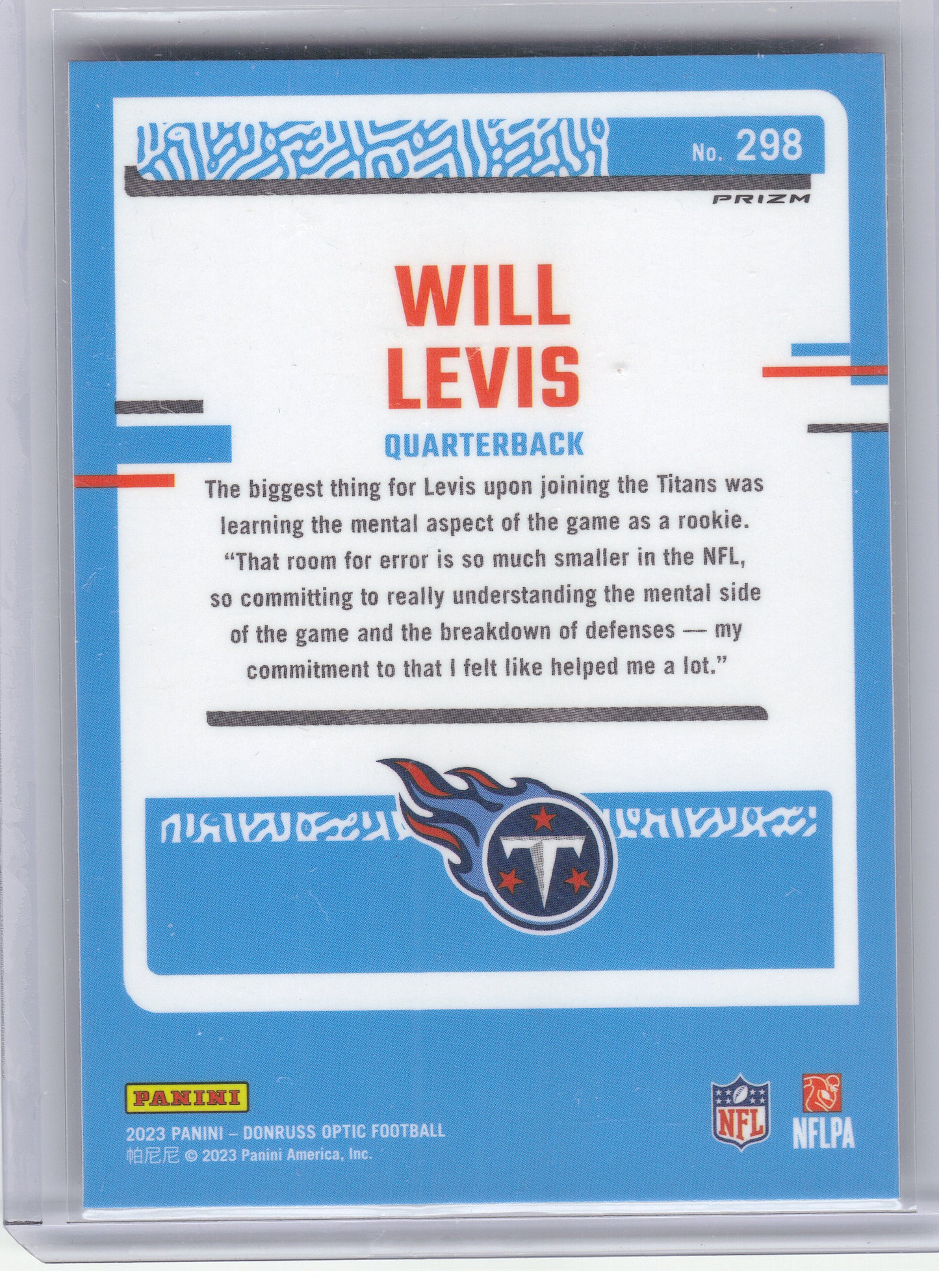 2023 Donruss Optic #298 Will Levis Holo Tennessee Titans RC