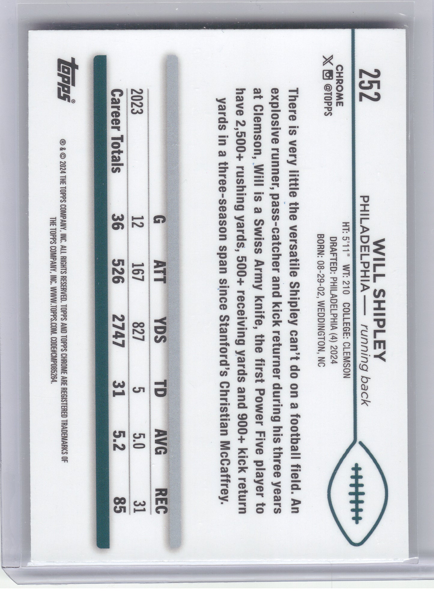2024 Topps Chrome #252 Will Shipley X-Fractor Philadelphia Eagles RC