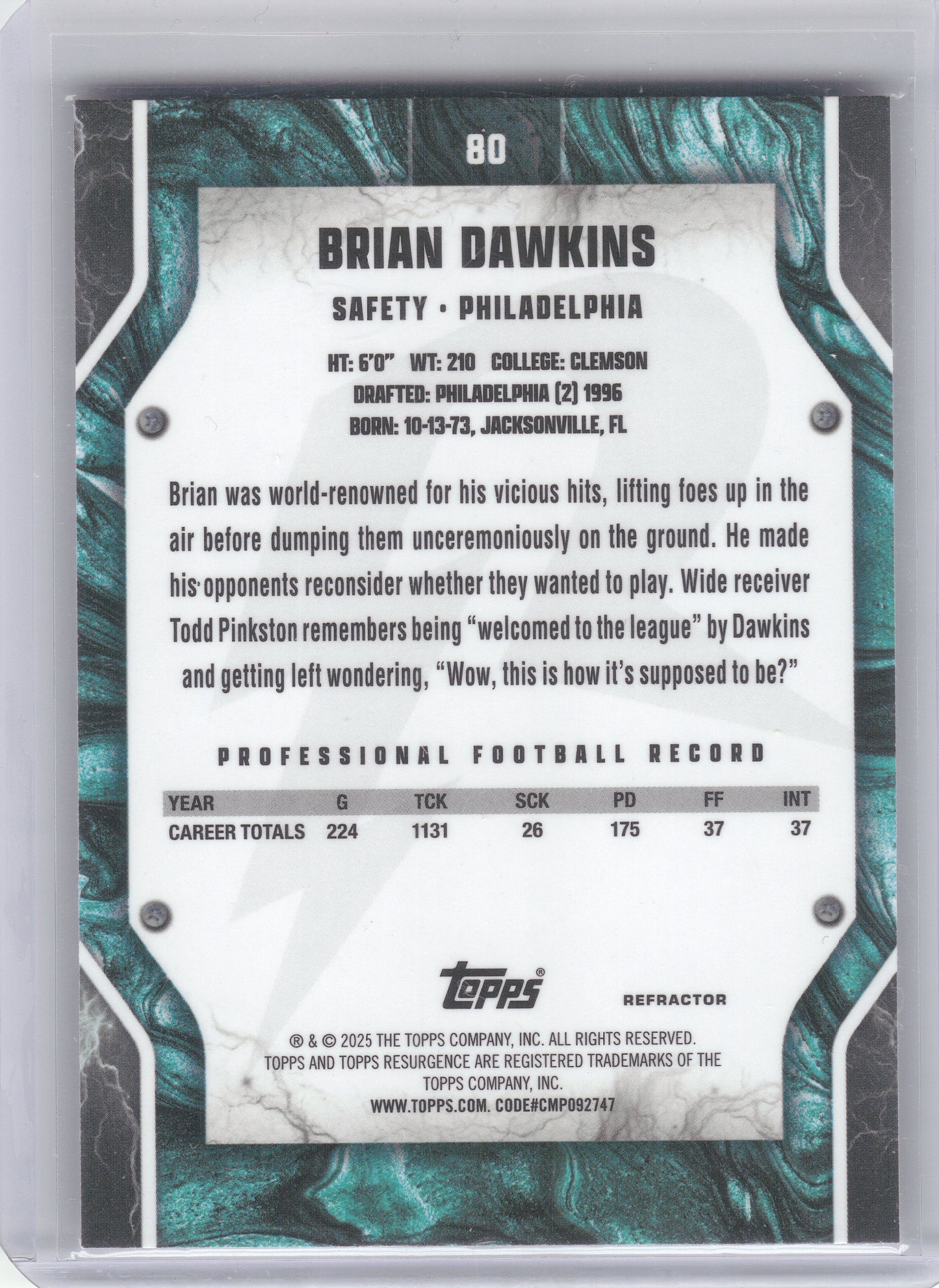 2024 Topps Resurgence #80 Brian Dawkins Refractor Philadelphia Eagles