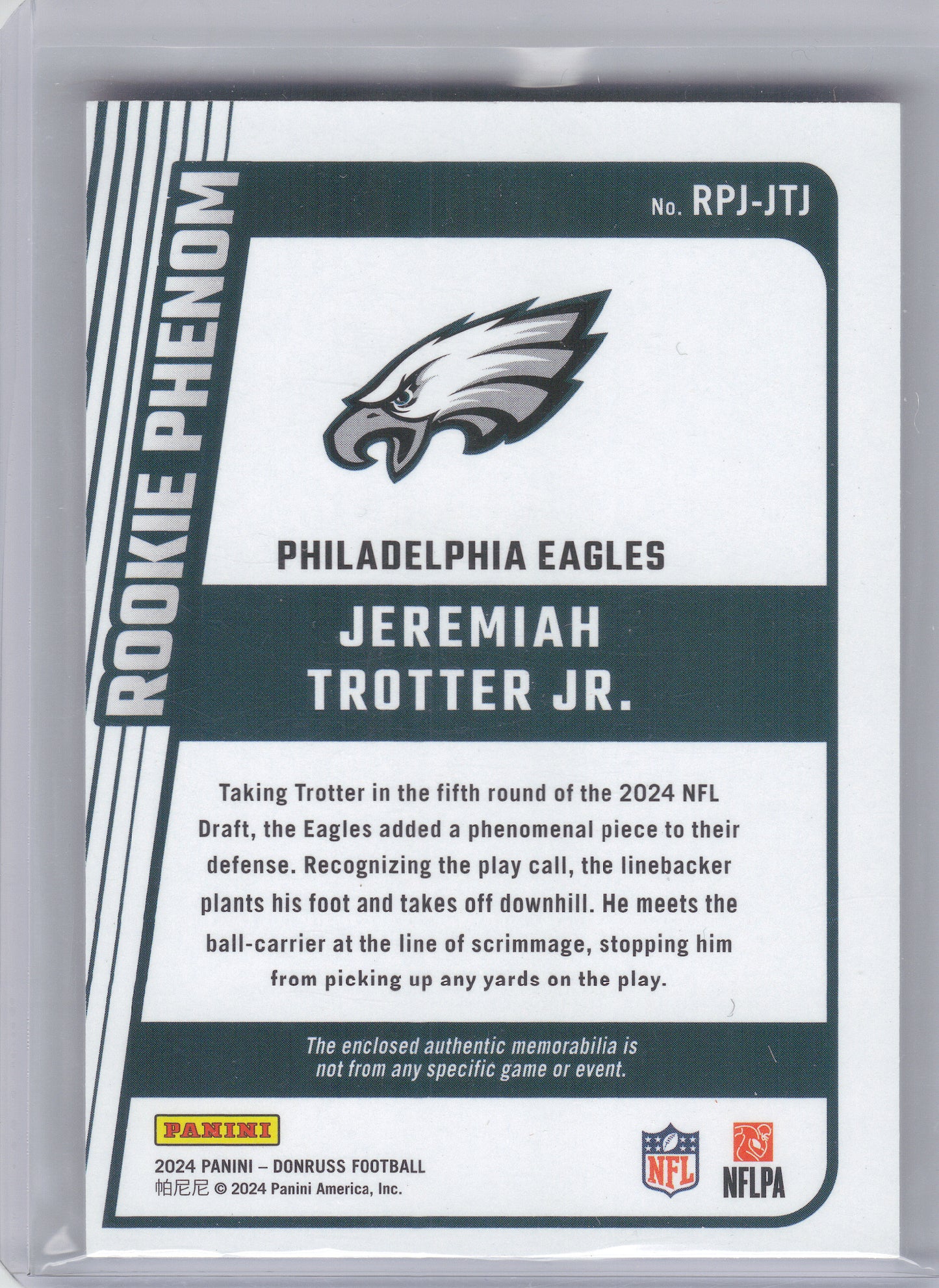 2024 Donruss #RPJ-JTJ Jeremiah Trotter Jr. Rookie Phenom Jerseys Philadelphia Eagles MEM