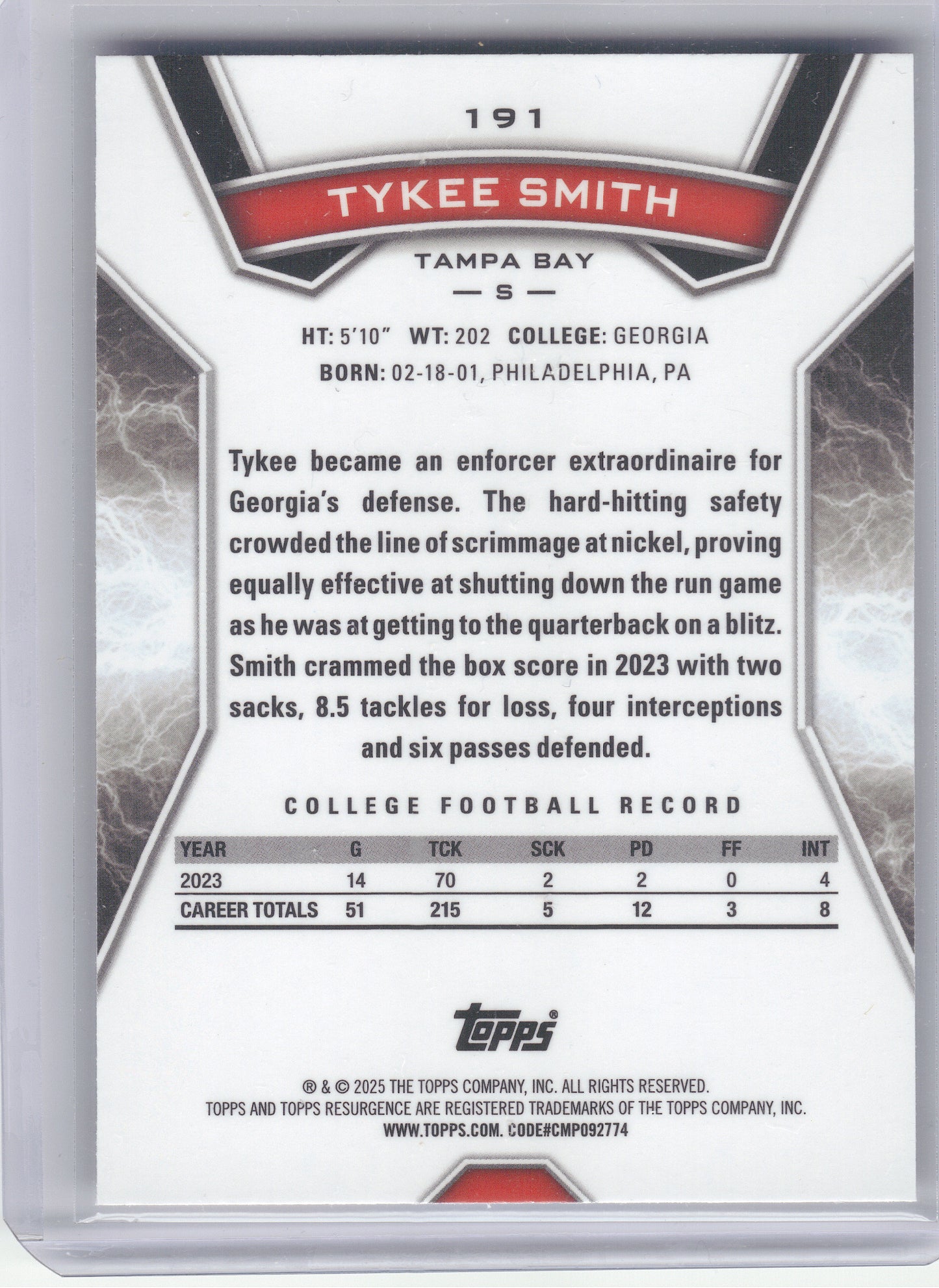 2024 Topps Resurgence #191 Tykee Smith Blue & Orange Spark Tampa Bay Buccaneers RC