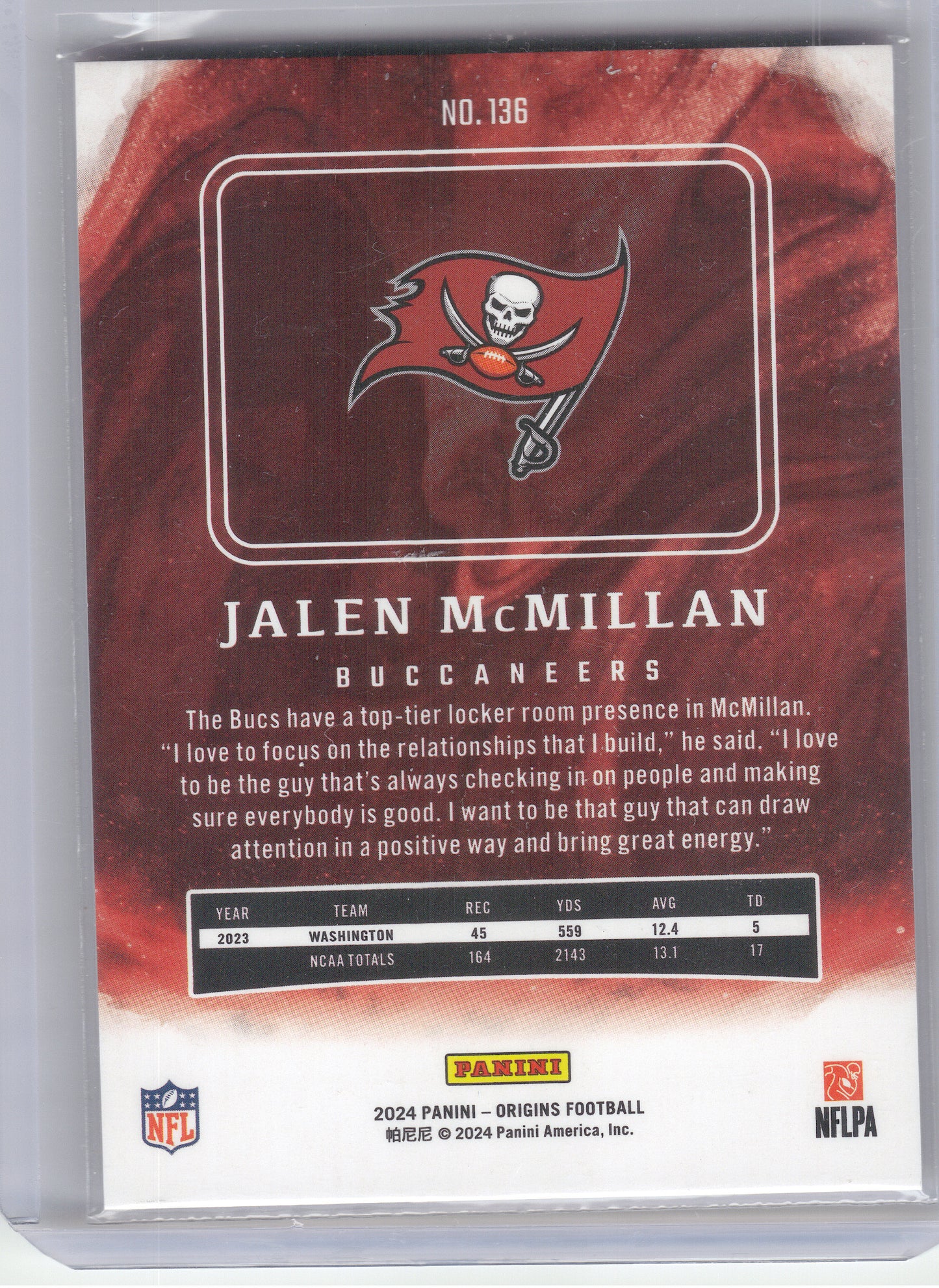 2024 Panini Origins #136 Jalen McMillan Holo Red #/299 Tampa Bay Buccaneers SN,RC