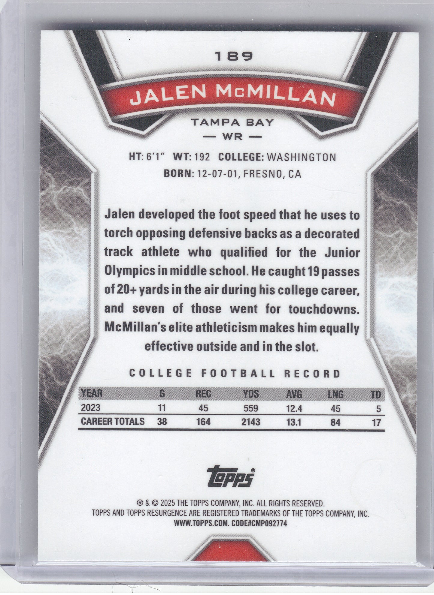 2024 Topps Resurgence #189 Jalen McMillan Refractor Tampa Bay Buccaneers RC