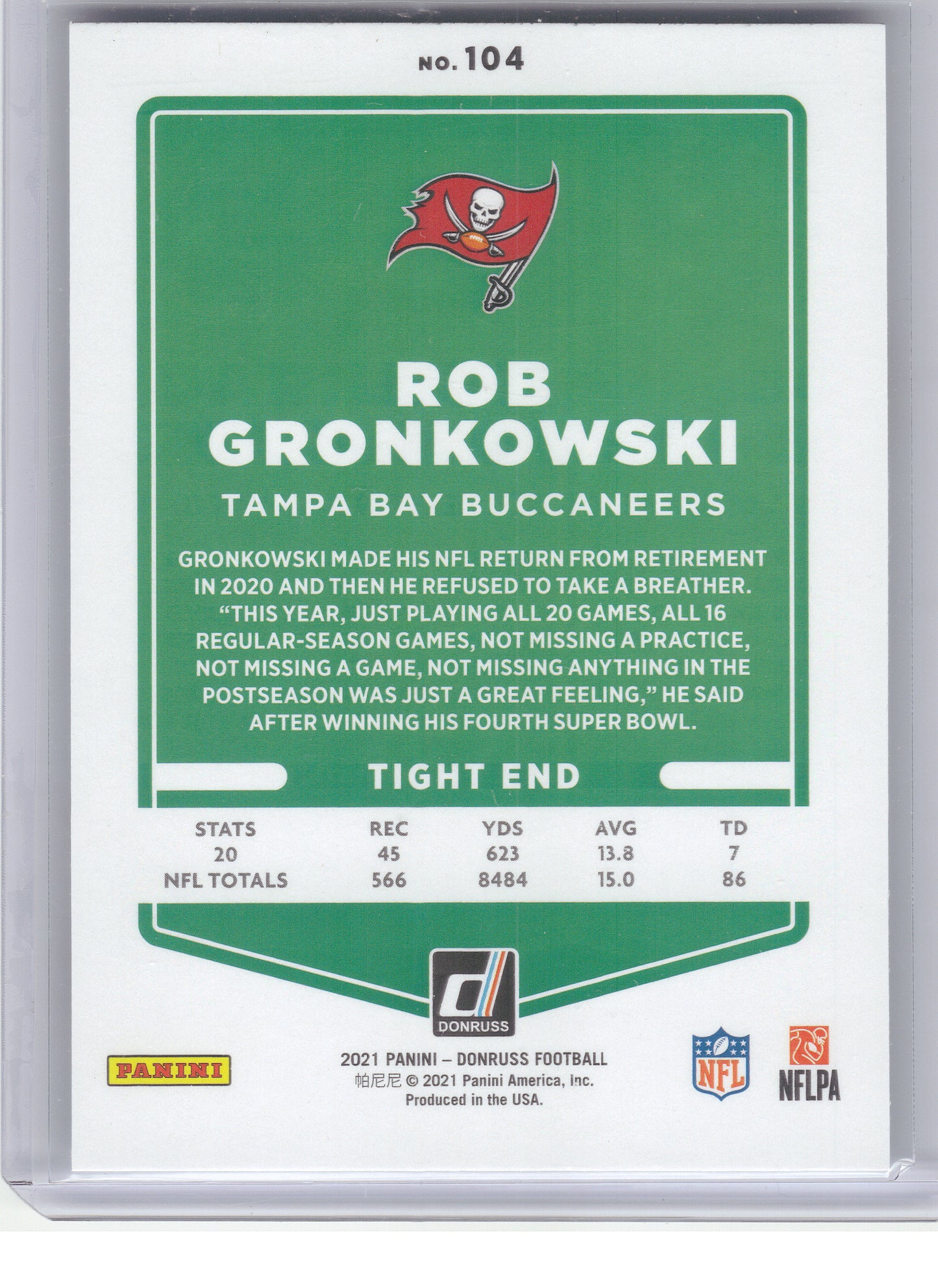 2021 Donruss #104b Rob Gronkowski No Helmet Tampa Bay Buccaneers