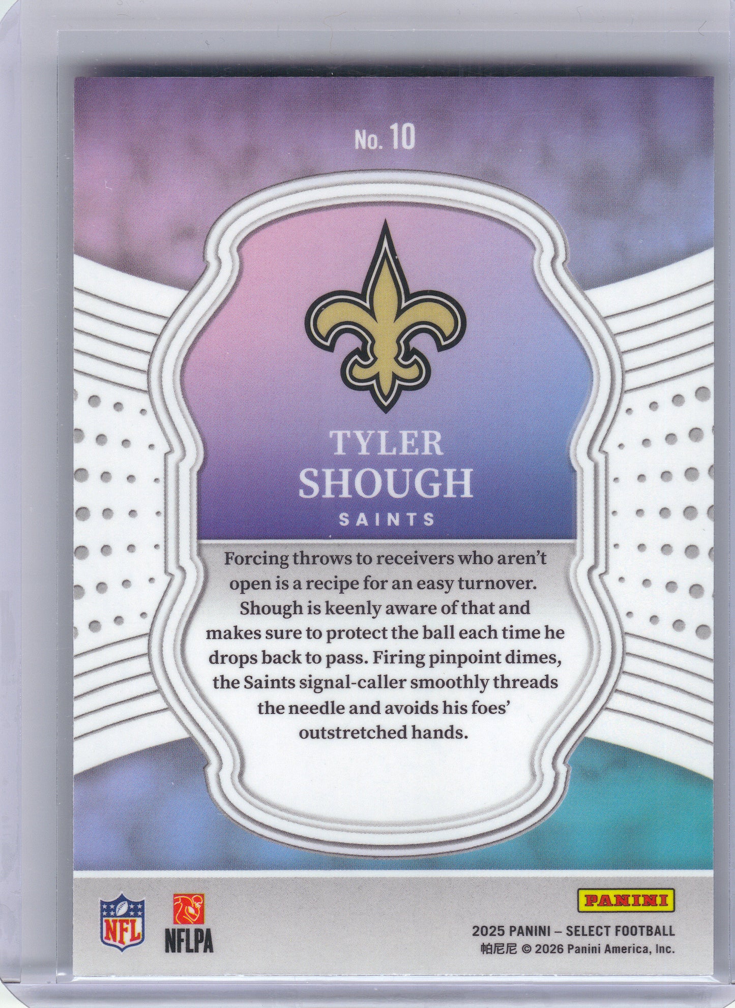 2025 Panini Select #10 Tyler Shough Select Certified Rookies New Orleans Saints