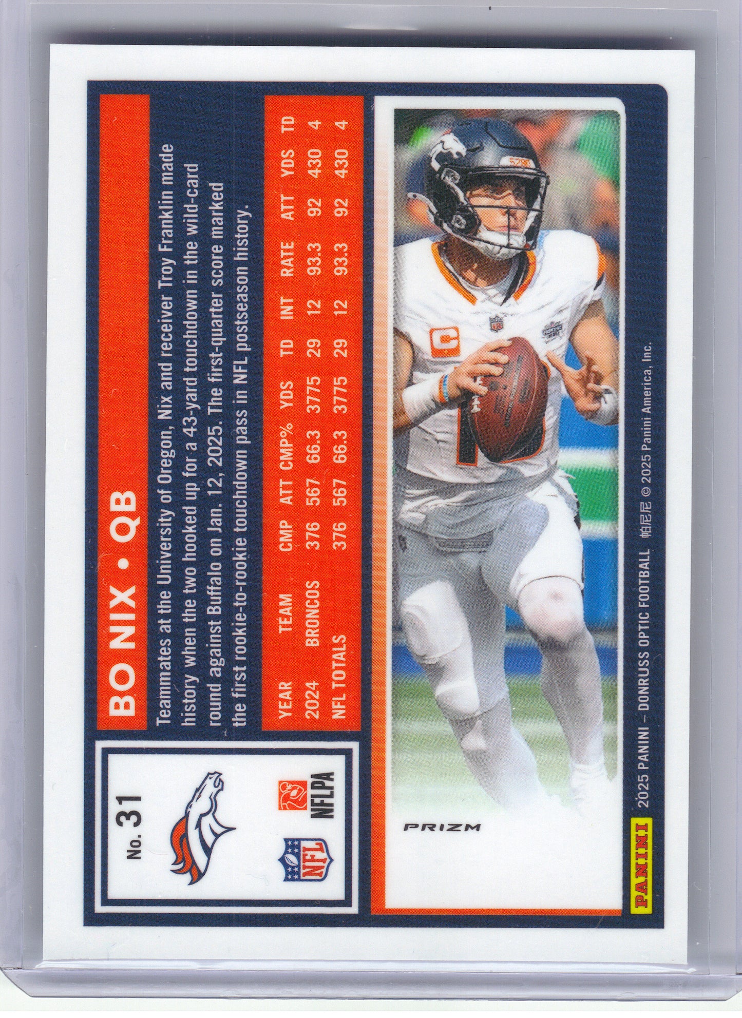 2025 Donruss Optic #31 Bo Nix Rocket Denver Broncos