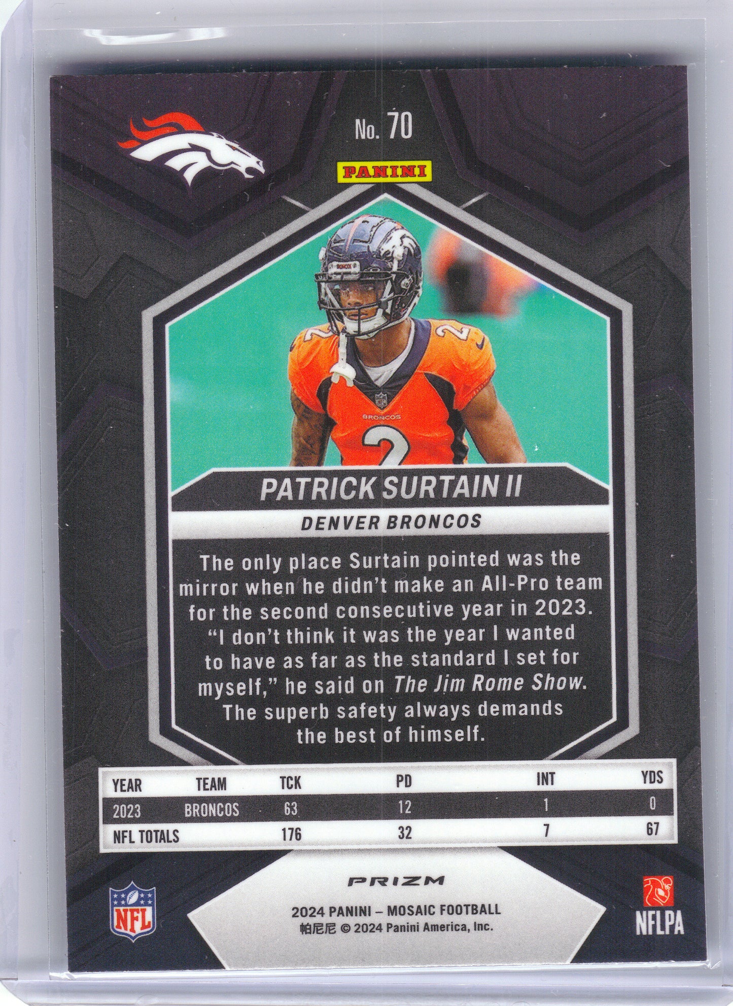 2024 Panini Mosaic #70 Patrick Surtain II Mosaic Reactive Blue Denver Broncos