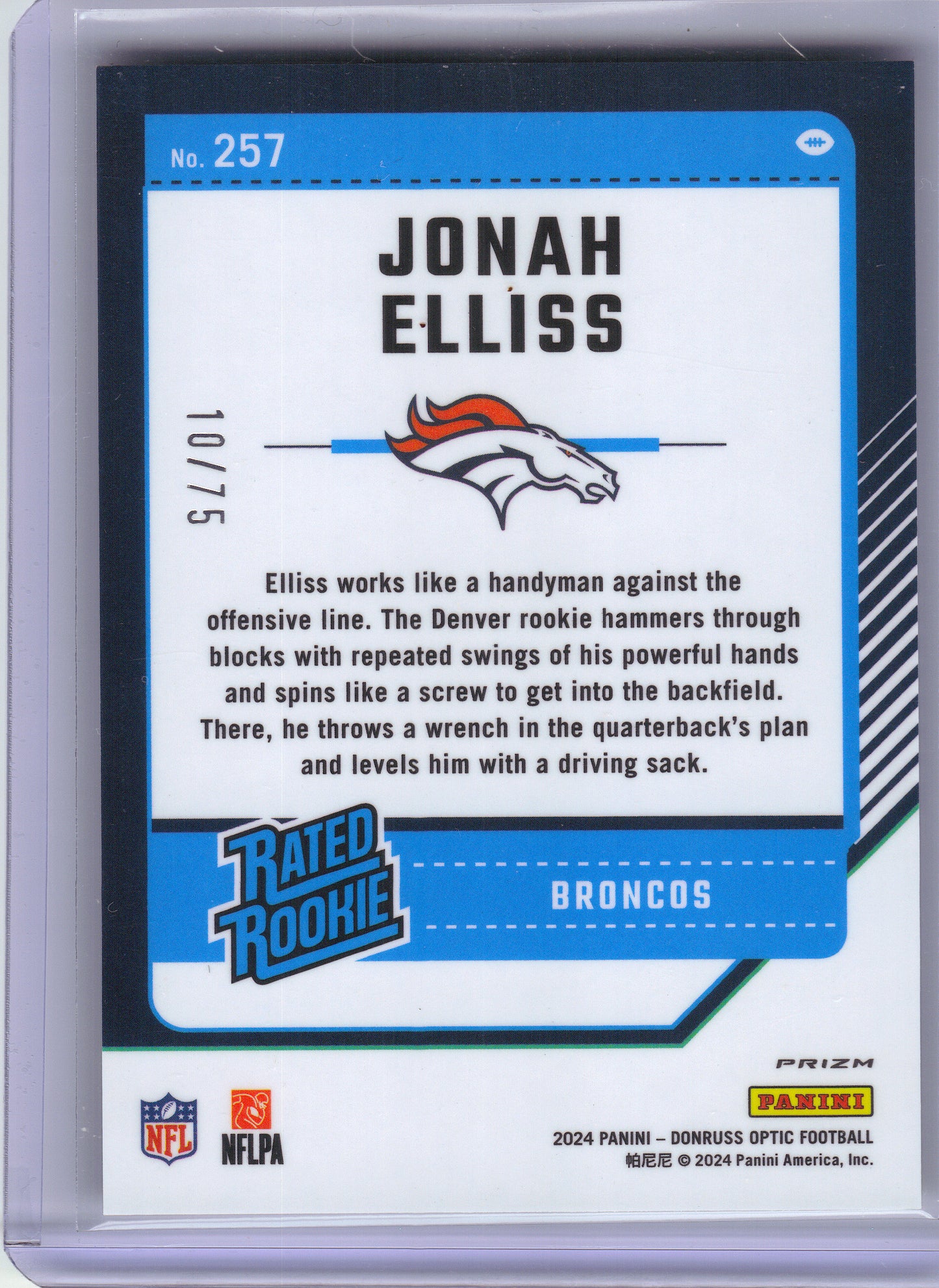 2024 Donruss Optic #257 Jonah Elliss Electricity #/75 Denver Broncos SN