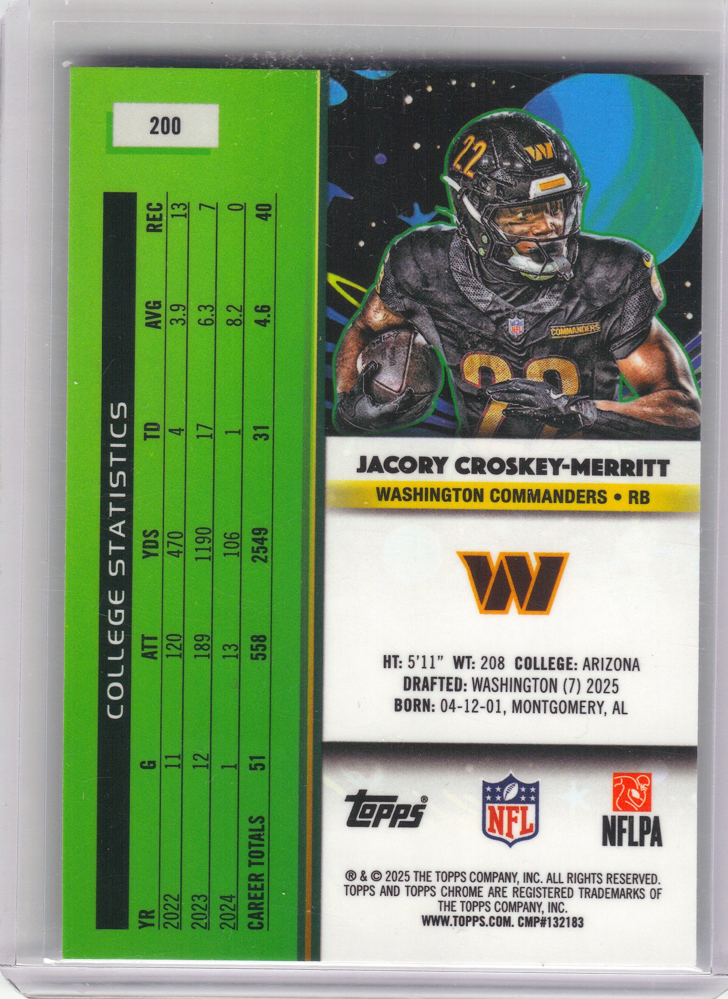 2025 Topps Chrome Cosmic #200 Jacory Croskey-Merritt Washington Commanders RC