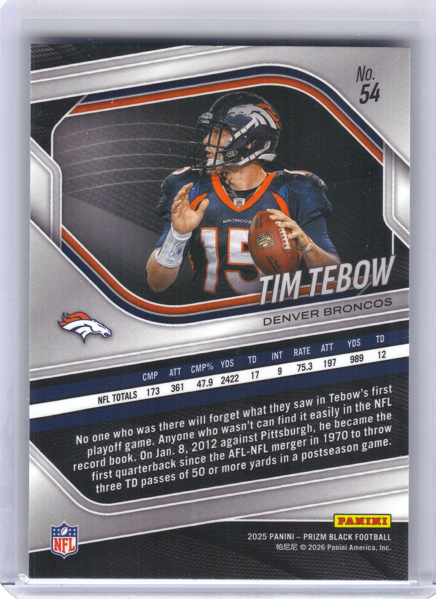 2025 Panini Prizm Black #54 Tim Tebow Denver Broncos