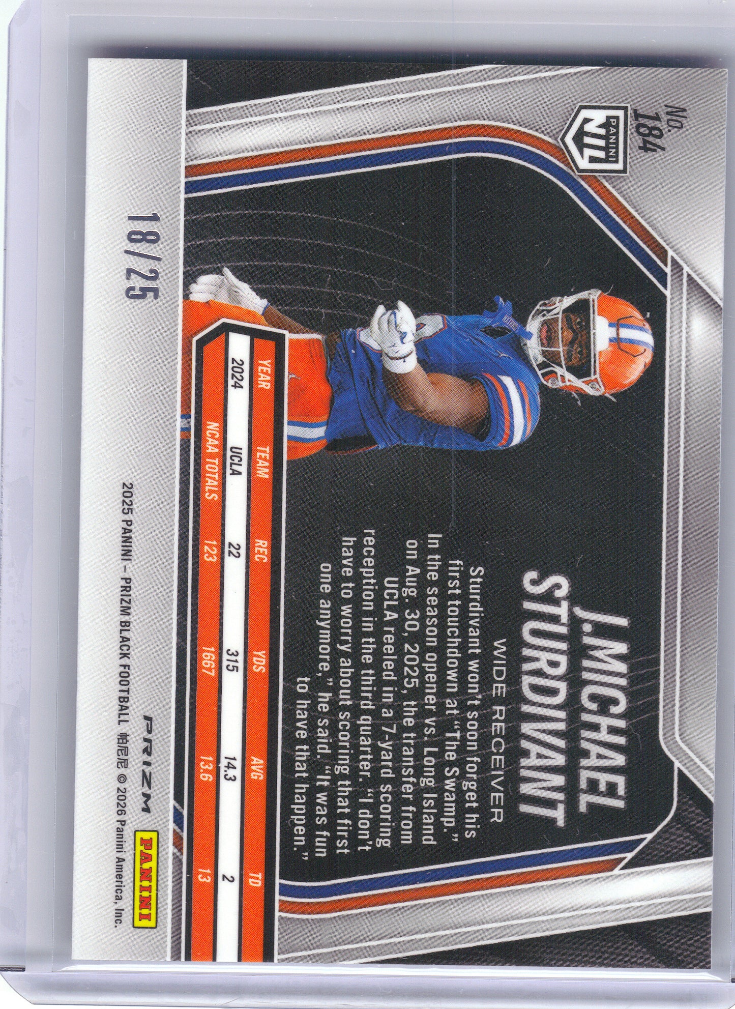 2025 Panini Prizm Black #184 J. Michael Sturdivant Prizms Mojo #/25 Florida Gators SN