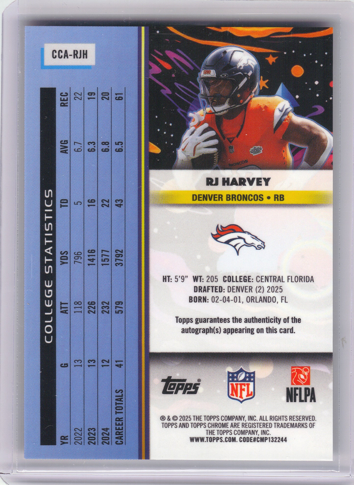 2025 Topps Chrome Cosmic #CCA-RJH RJ Harvey Cosmic Chrome Autographs Denver Broncos AU