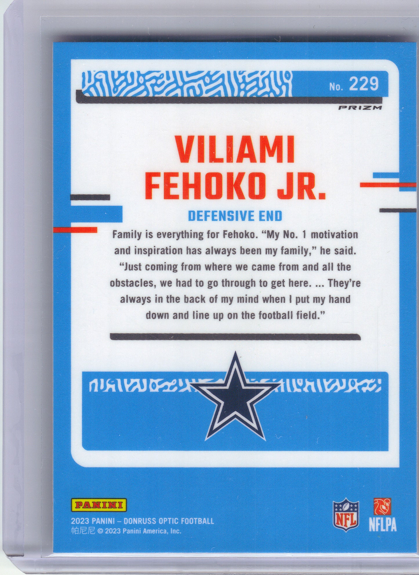 2023 Donruss Optic #229 Viliami Fehoko Jr. Holo Dallas Cowboys RC