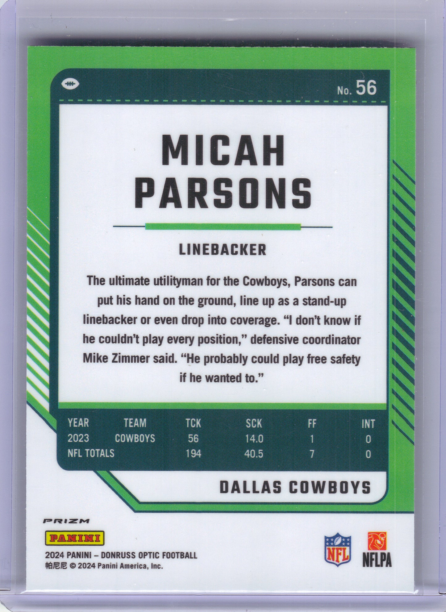 2024 Donruss Optic #56 Micah Parsons Holo Dallas Cowboys