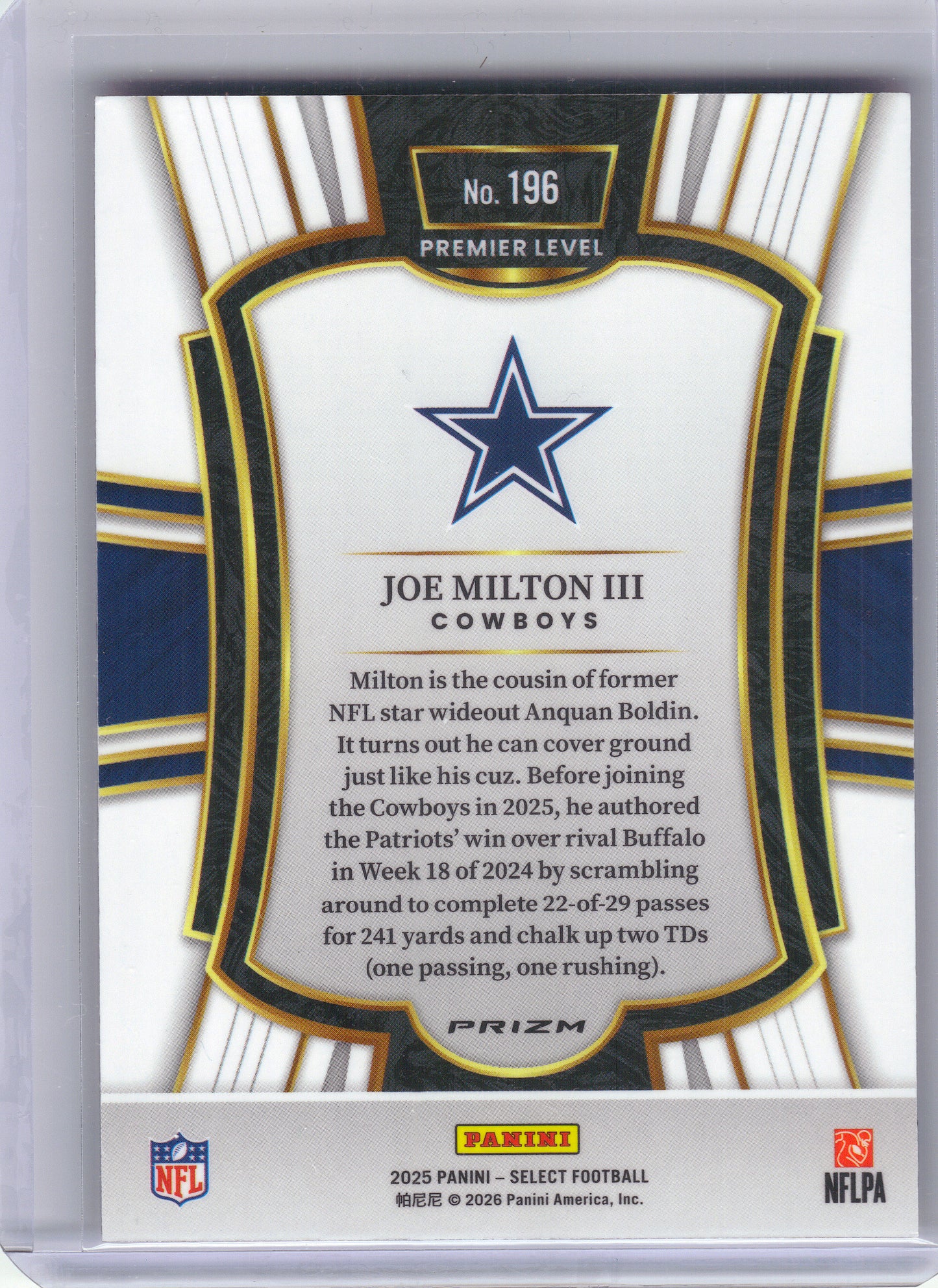 2025 Panini Select #196 Joe Milton III Pink Prizm Shock Dallas Cowboys