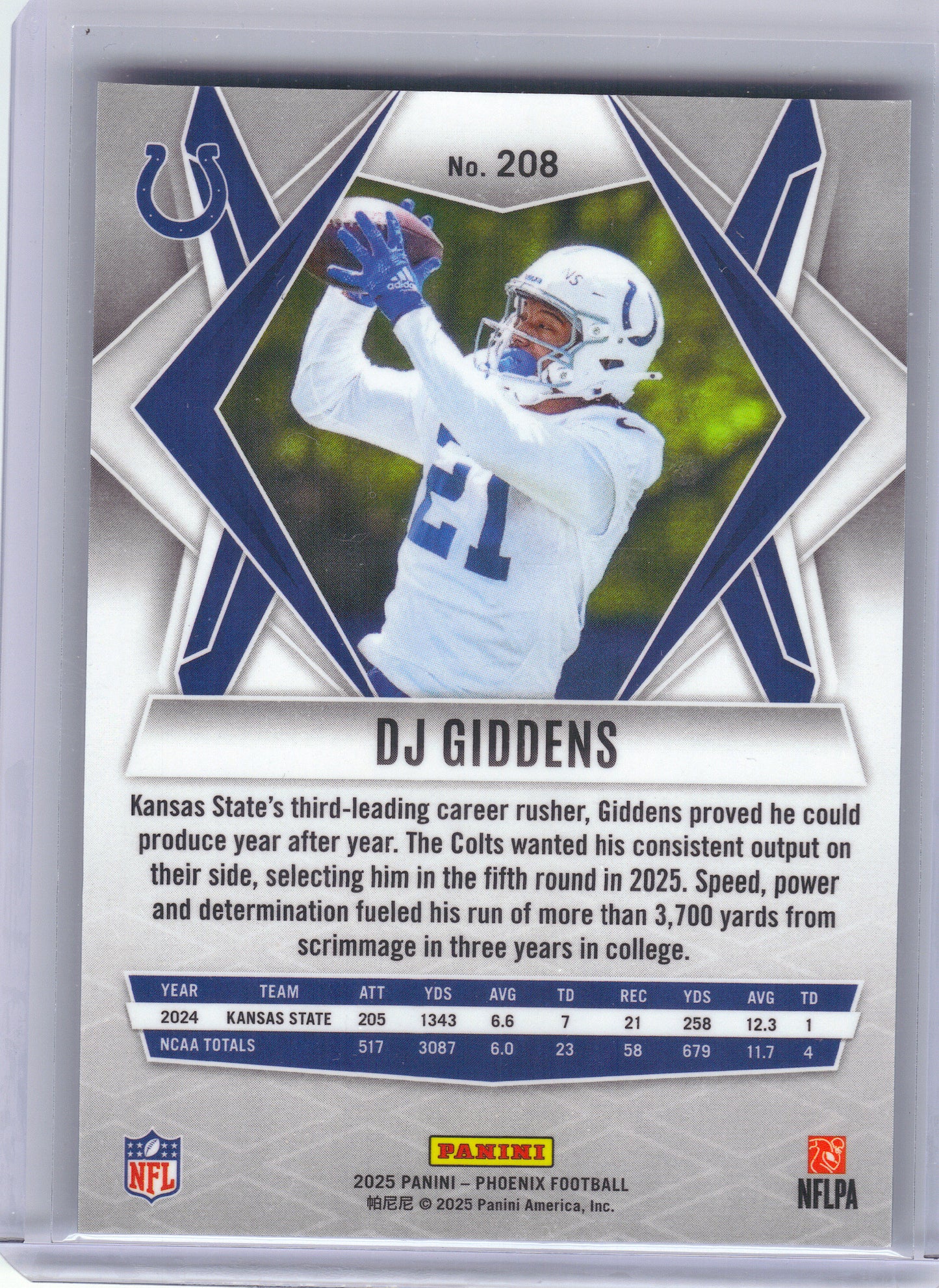 2025 Panini Phoenix #208 DJ Giddens Indianapolis Colts RC