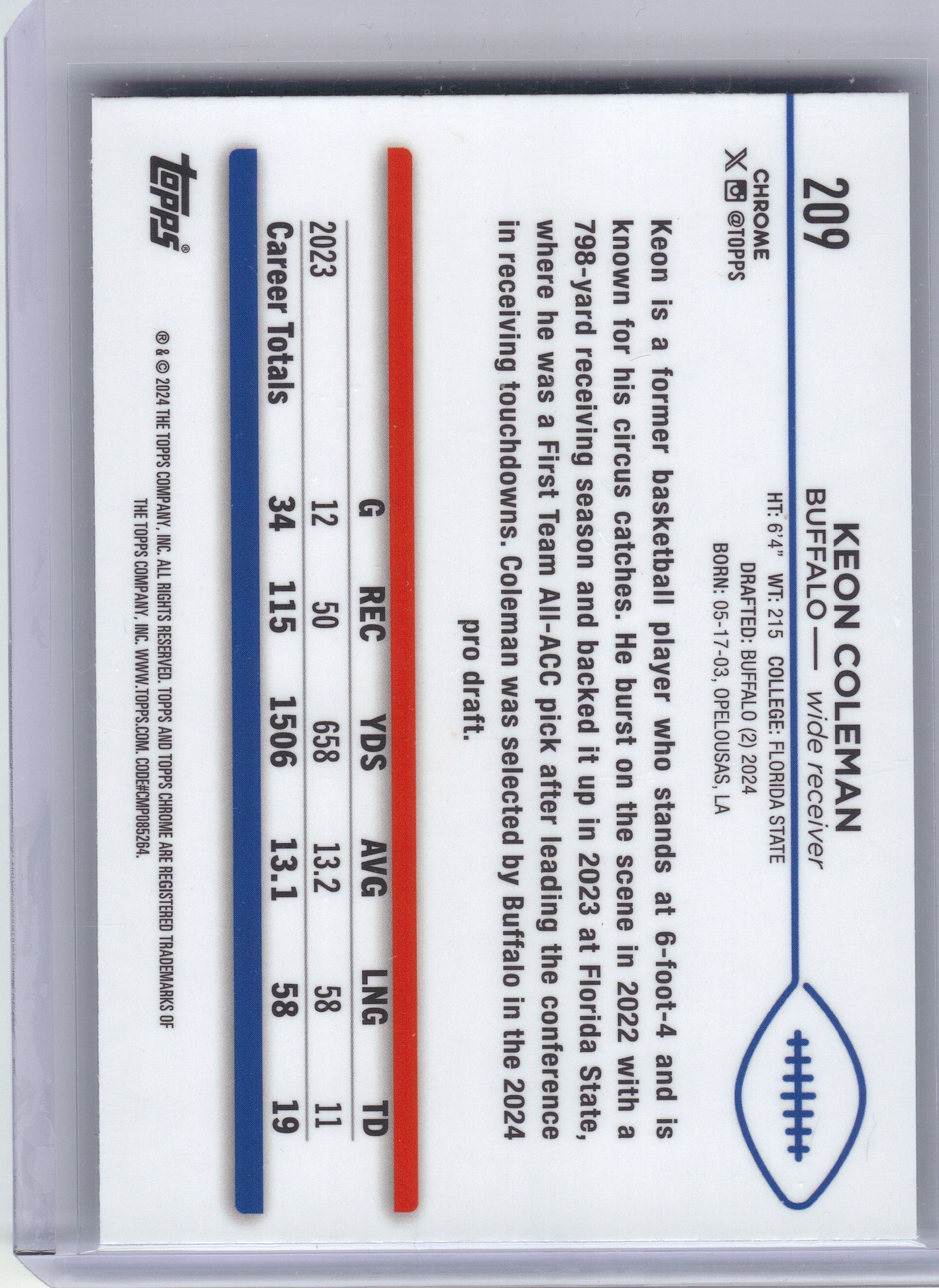 2024 Topps Chrome #209 Keon Coleman Buffalo Bills RC