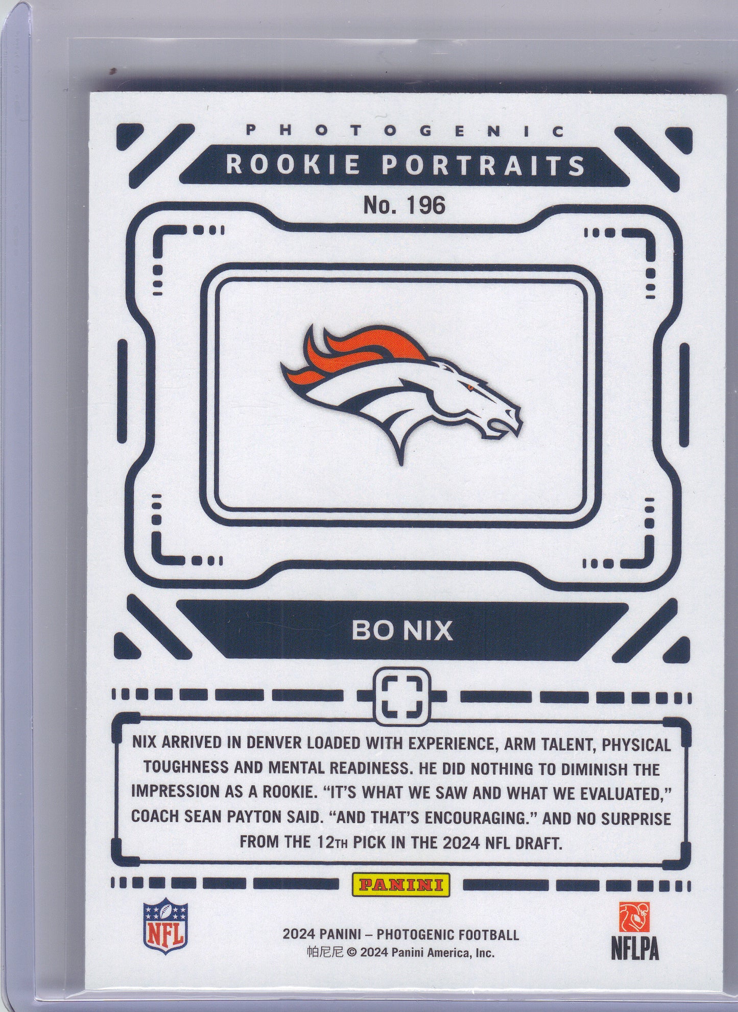 2024 Panini Photogenic #196 Bo Nix Denver Broncos RC
