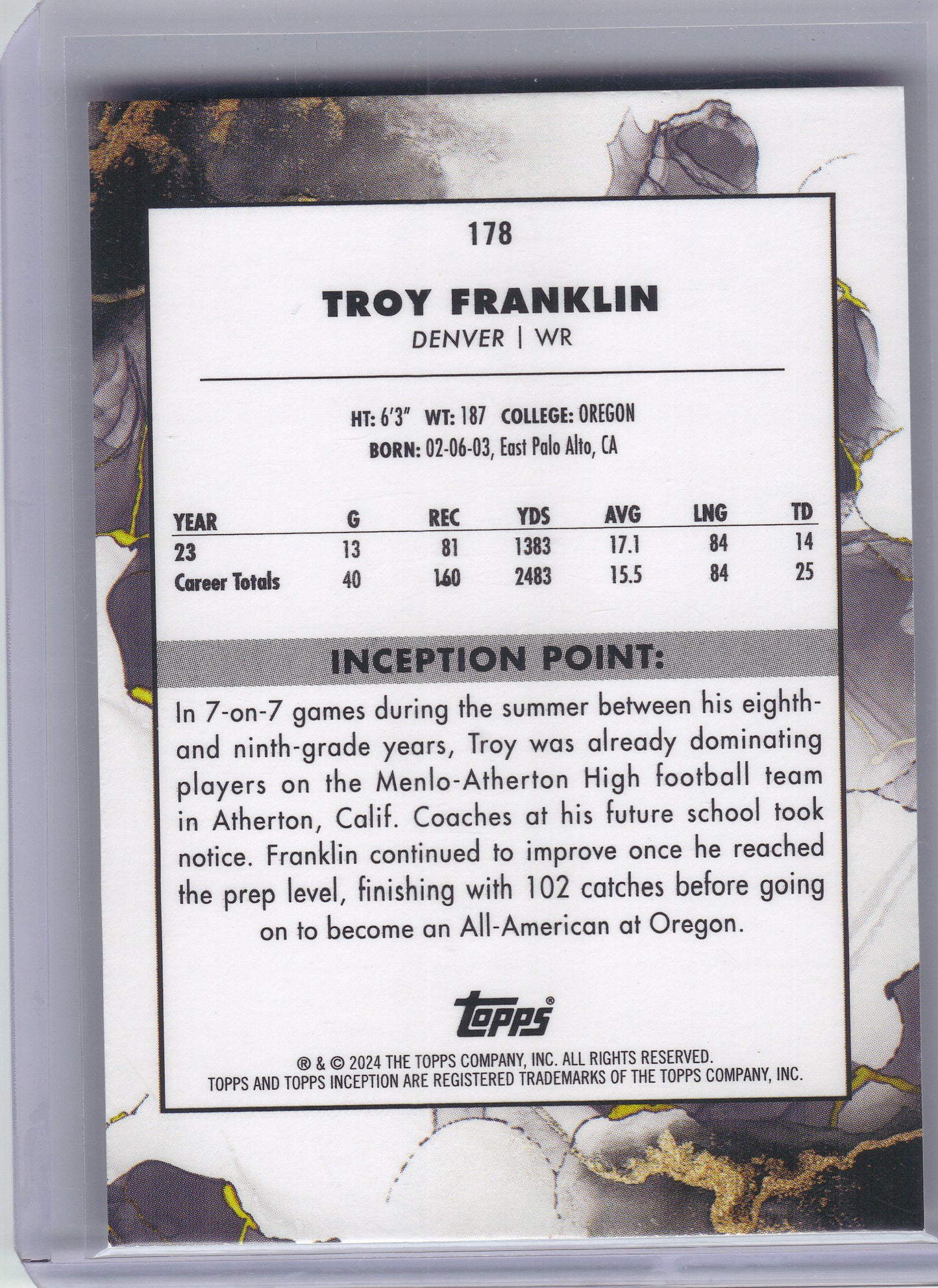 2024 Topps Inception #178 Troy Franklin Purple #/125 Denver Broncos SN,RC