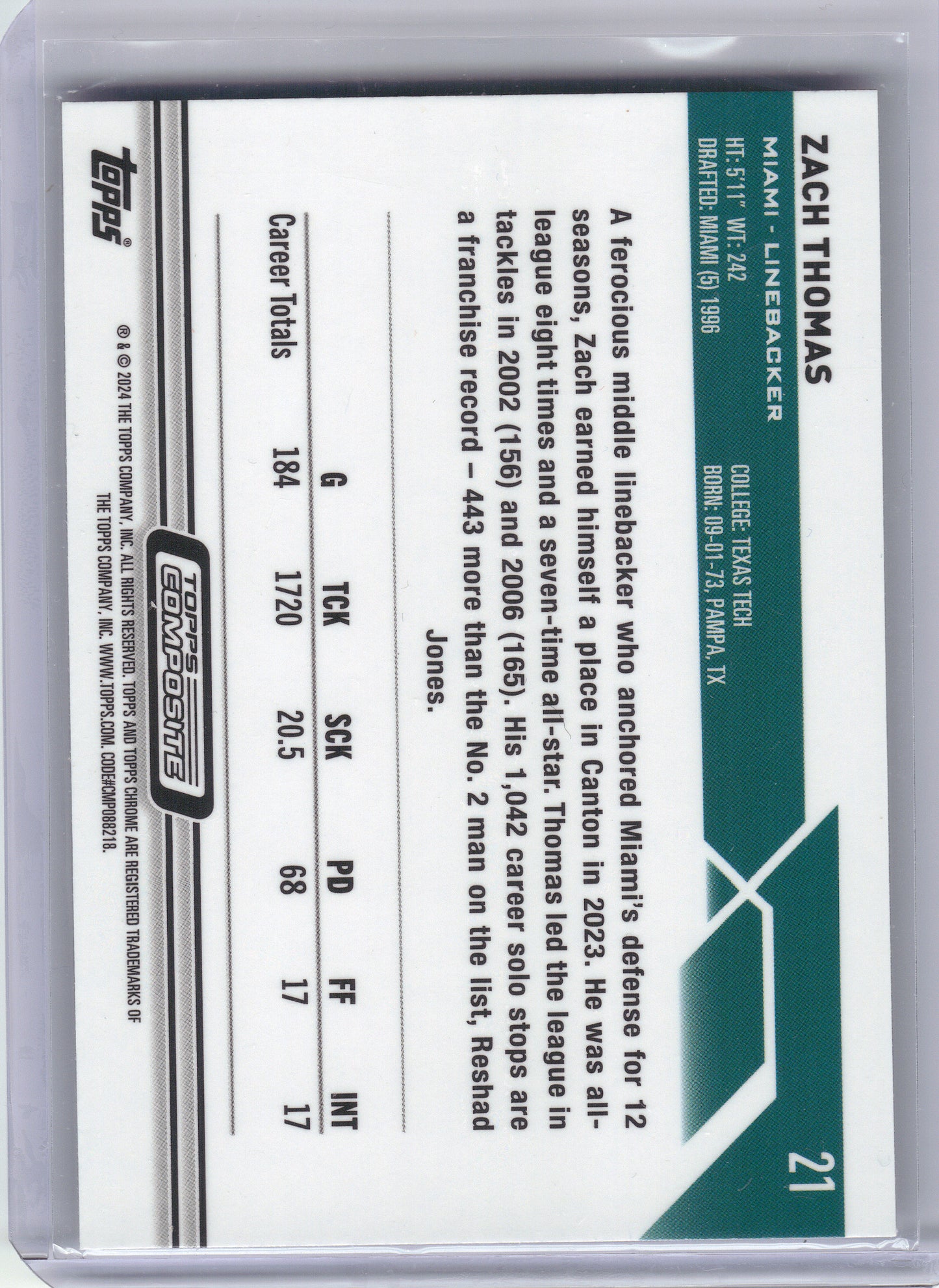 2023 Topps Composite #21 Zach Thomas Miami Dolphins