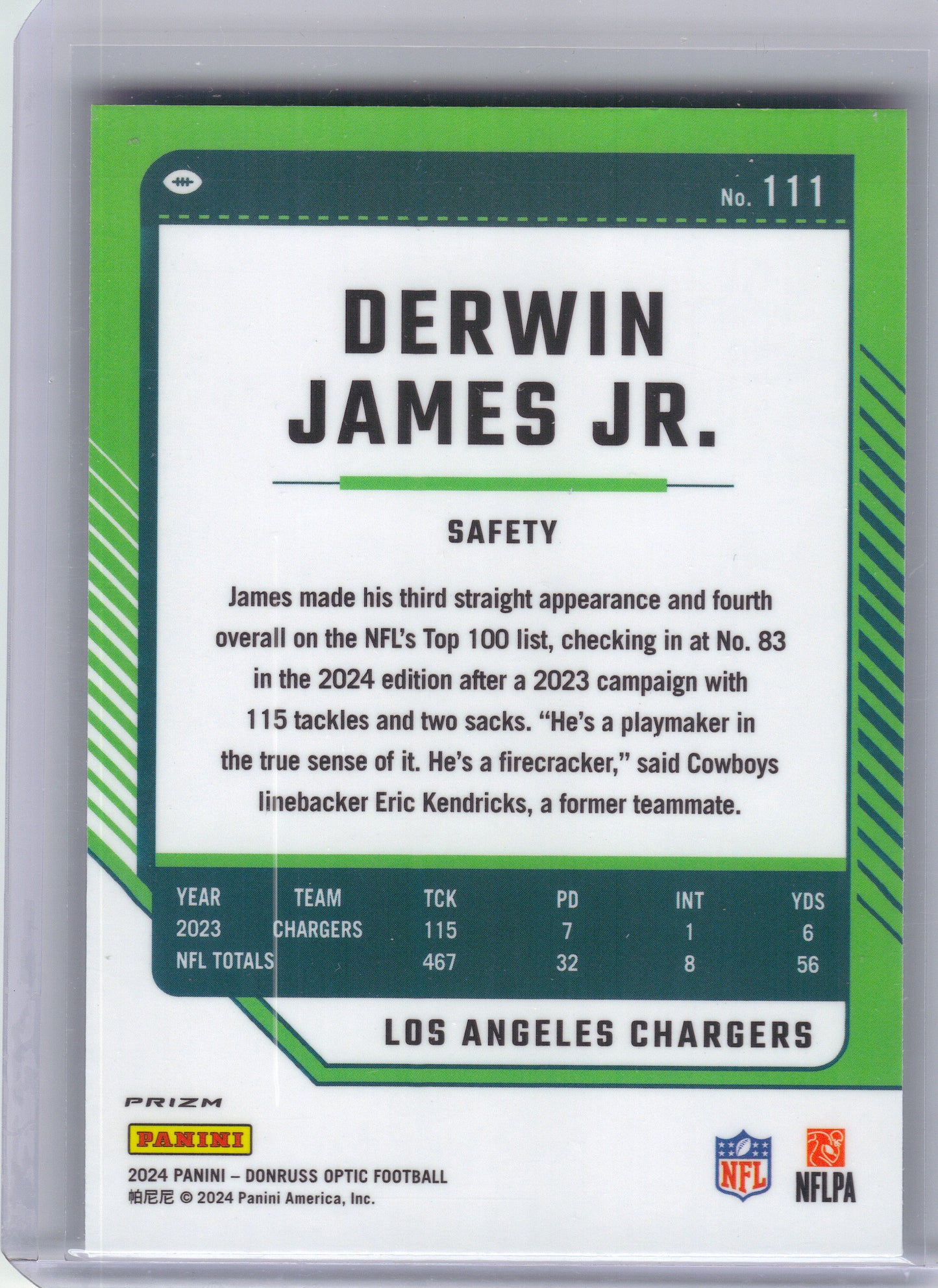 2024 Donruss Optic #111 Derwin James Jr. Stars Los Angeles Chargers