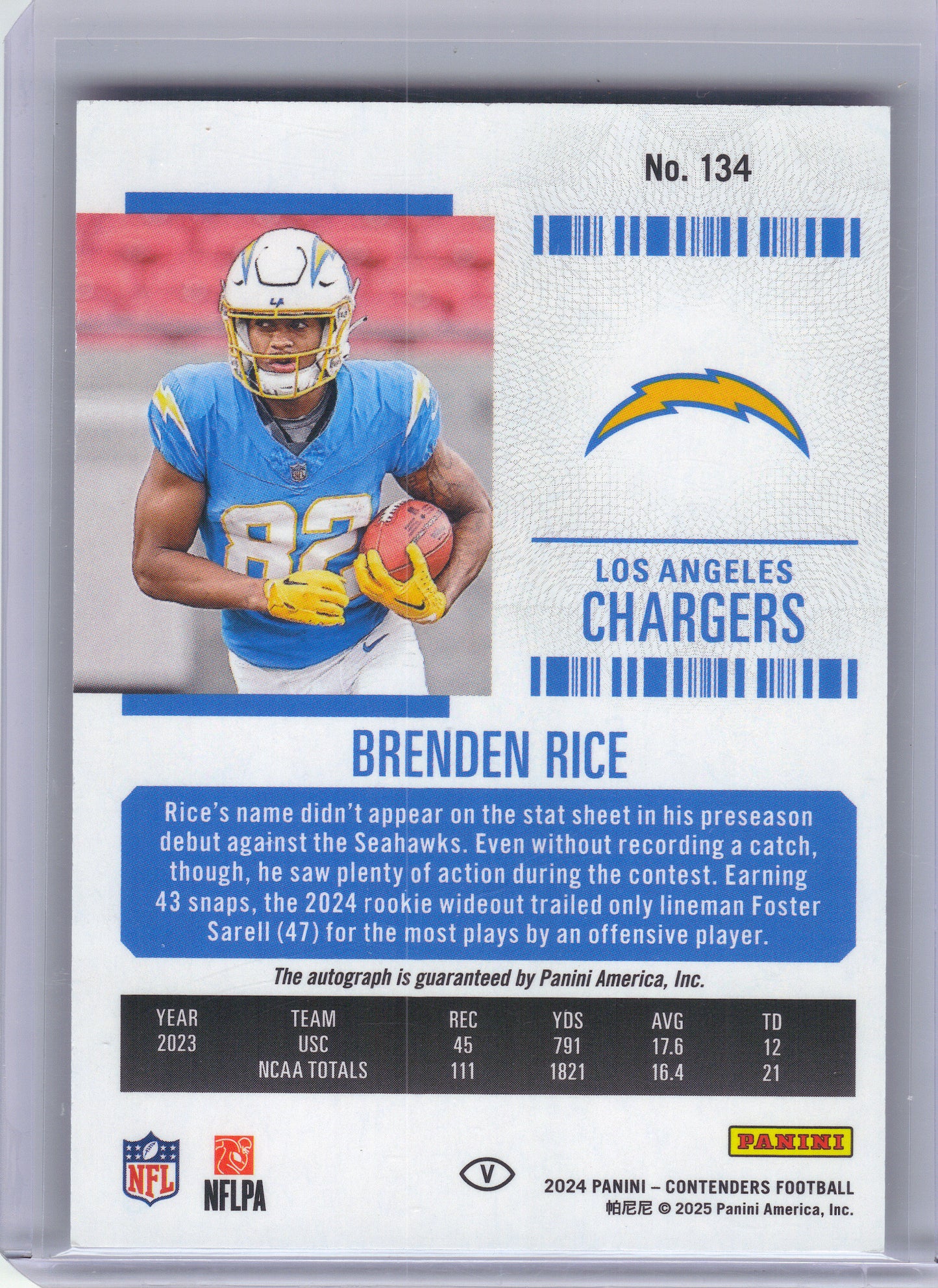 2024 Panini Contenders #134 Brenden Rice Week 18 Ticket #/18 Los Angeles Chargers SN,RC,AU