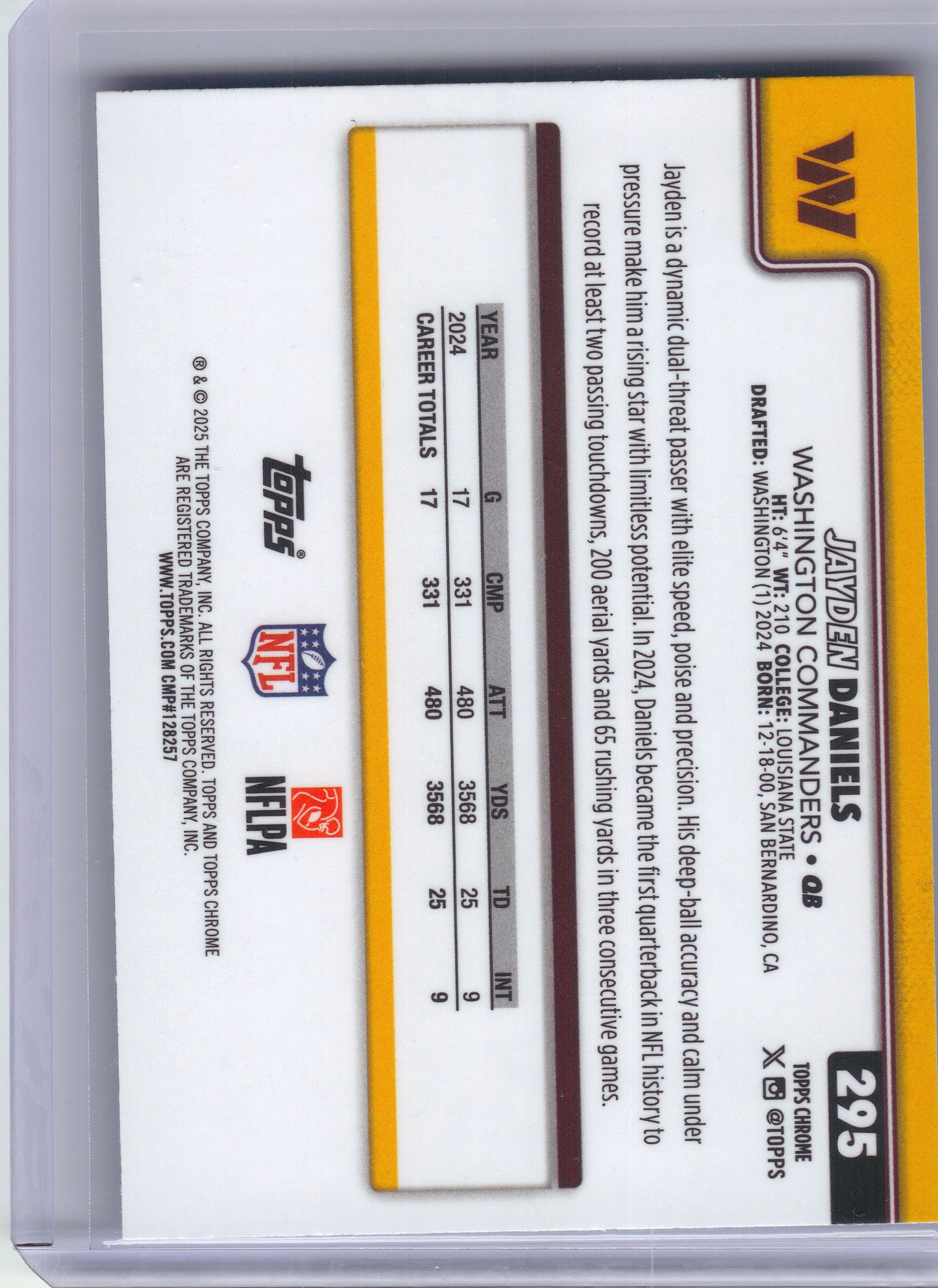 2025 Topps Chrome #295 Jayden Daniels Purple Wave Refractor #/75 Washington Commanders SN
