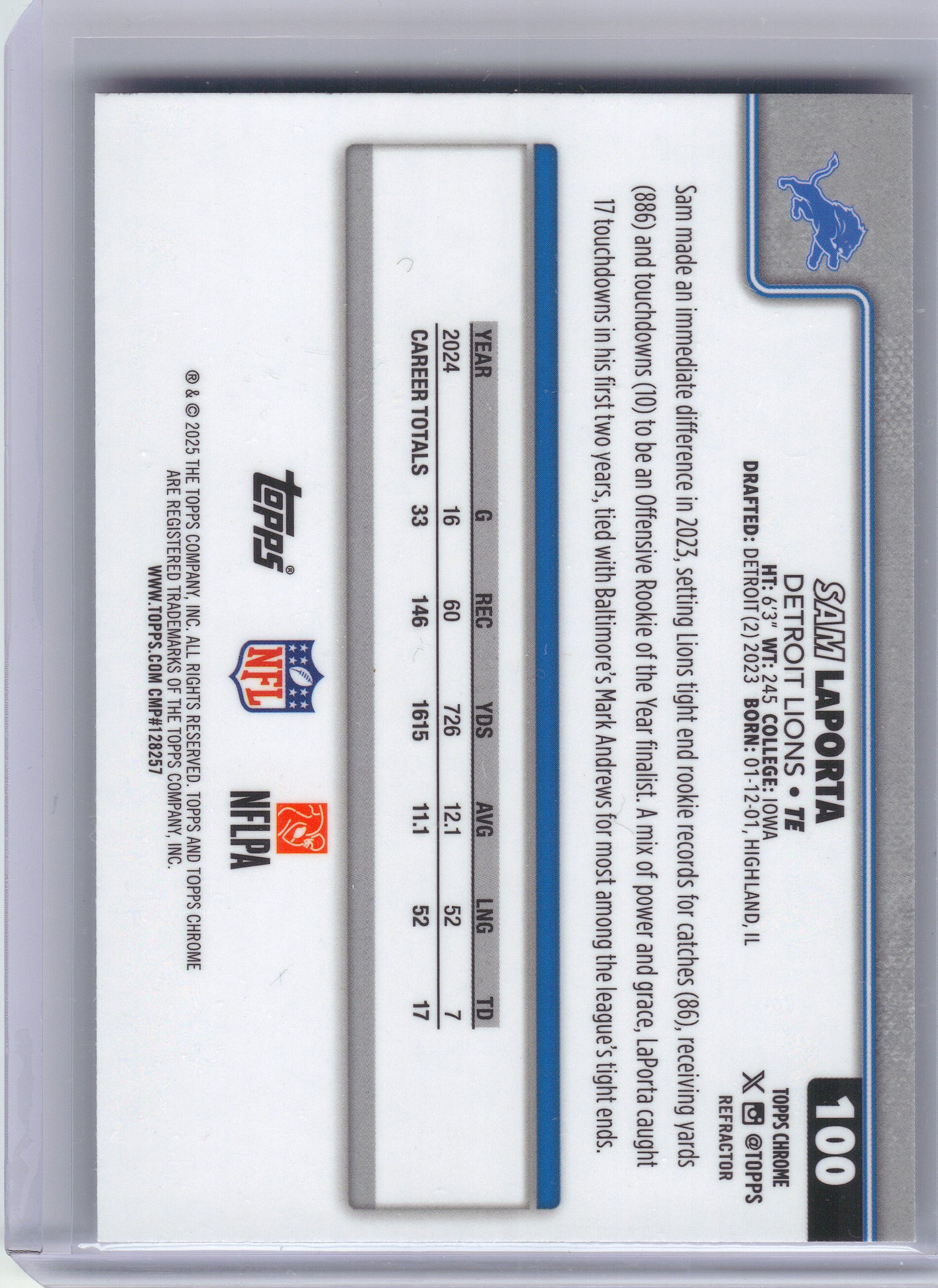 2025 Topps Chrome #100 Sam LaPorta Refractor Detroit Lions