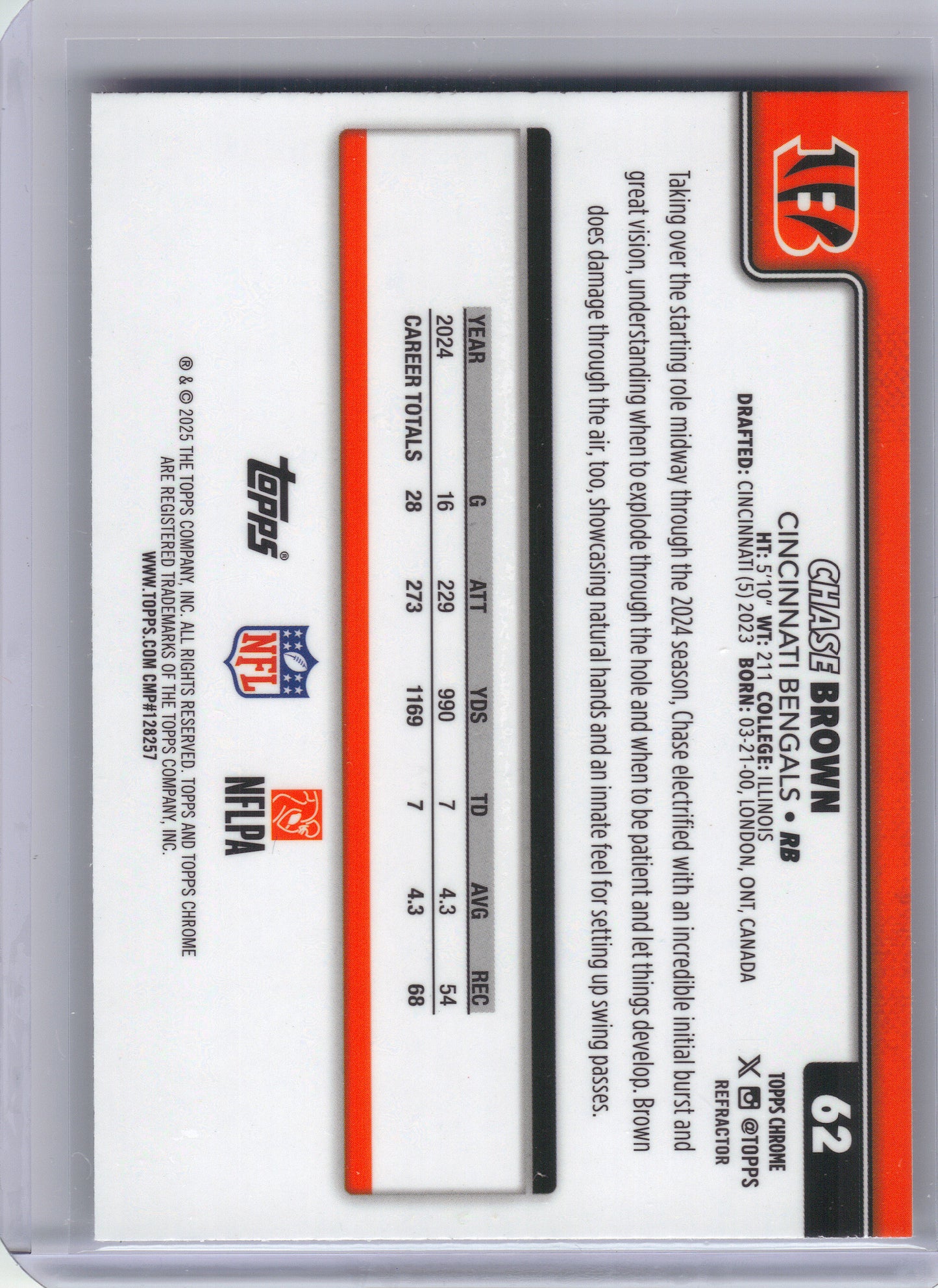 2025 Topps Chrome #62 Chase Brown Refractor Cincinnati Bengals