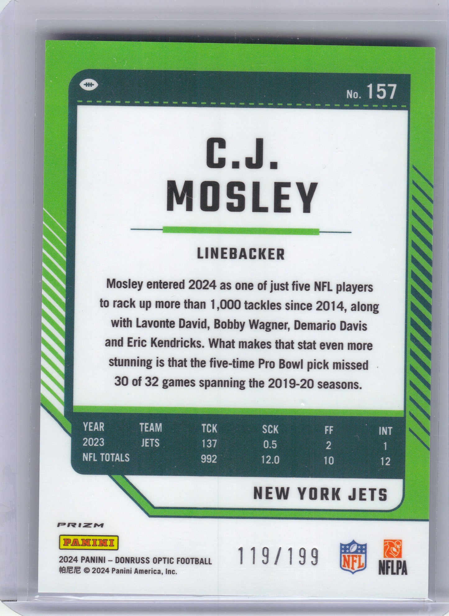 2024 Donruss Optic #157 C.J. Mosley Blue #/199 New York Jets SN